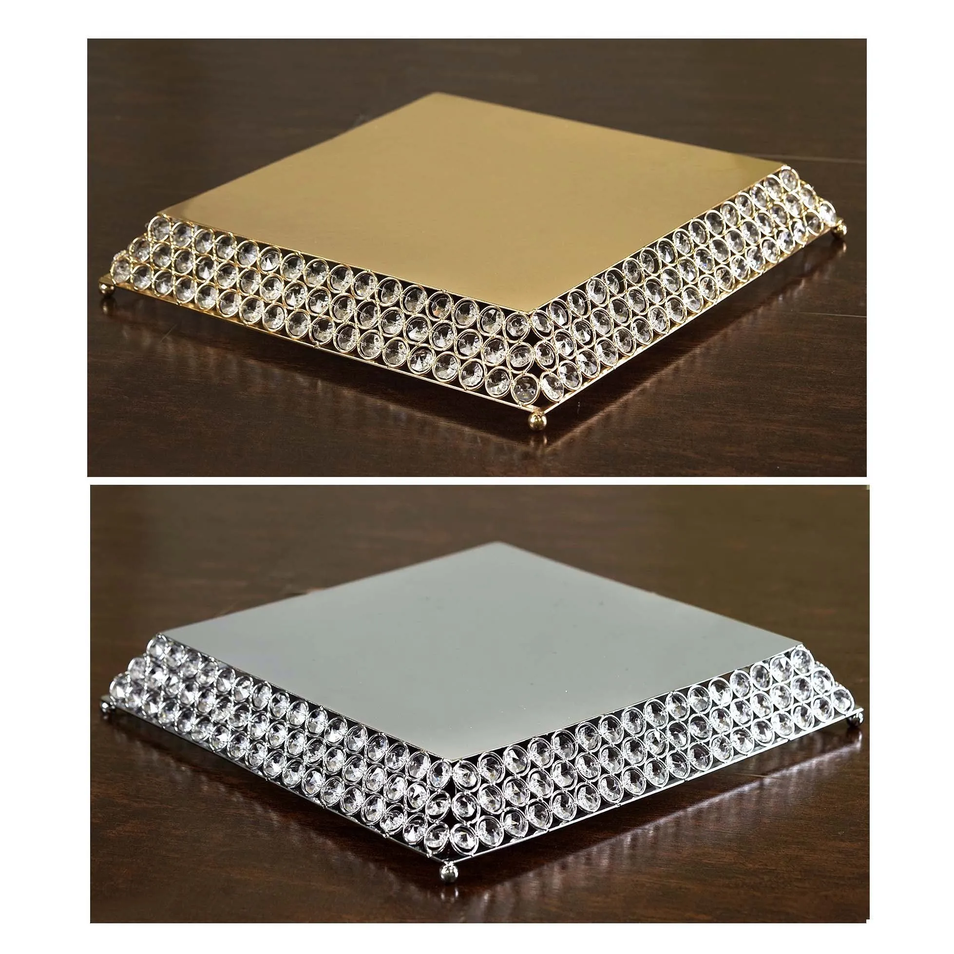 15" Bejeweled Silver Flat Crystal Beaded Stainless Steel Chandelier Wedding Riser Cake Stand