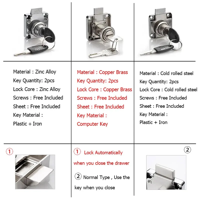 2 Key Drawer Lock for Furniture Cabinets