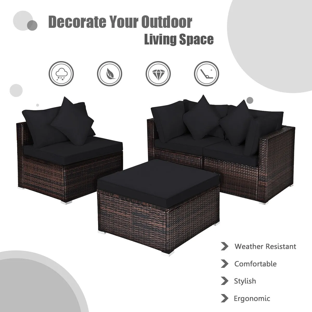 4pc Wicker Rattan Patio Cushioned Sofa Set - Black