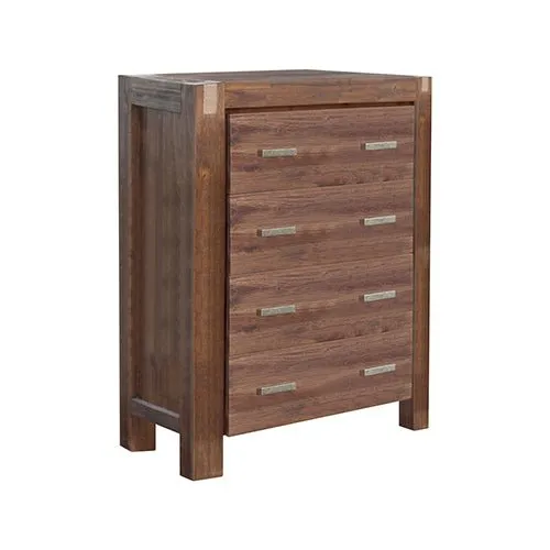 5 Pieces Bedroom Suite in Solid Wood Veneered Acacia Construction Timber Slat King Size Chocolate Colour Bed, Bedside Table , Tallboy & Dresser