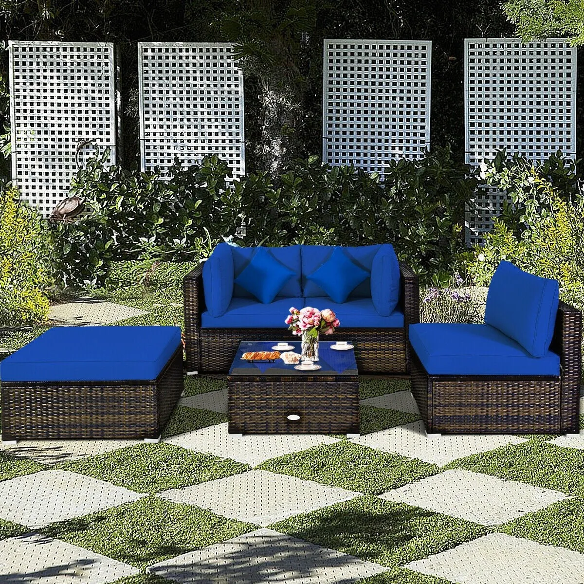 5pc Outdoor Patio Rattan Furniture Set - Navy