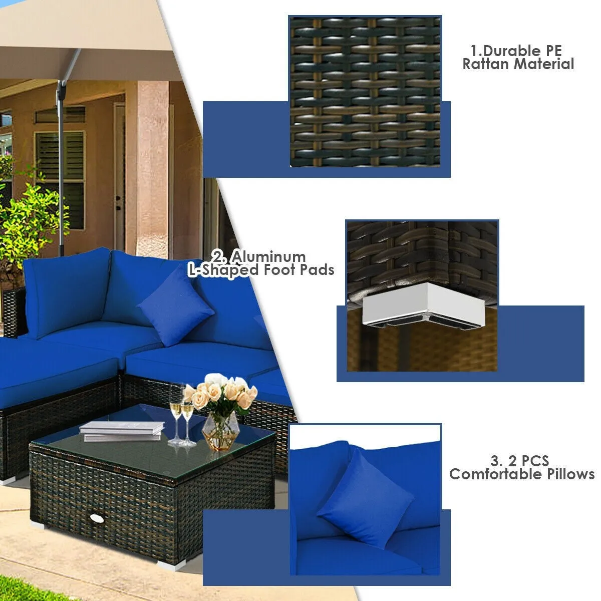 5pc Outdoor Patio Rattan Furniture Set - Navy