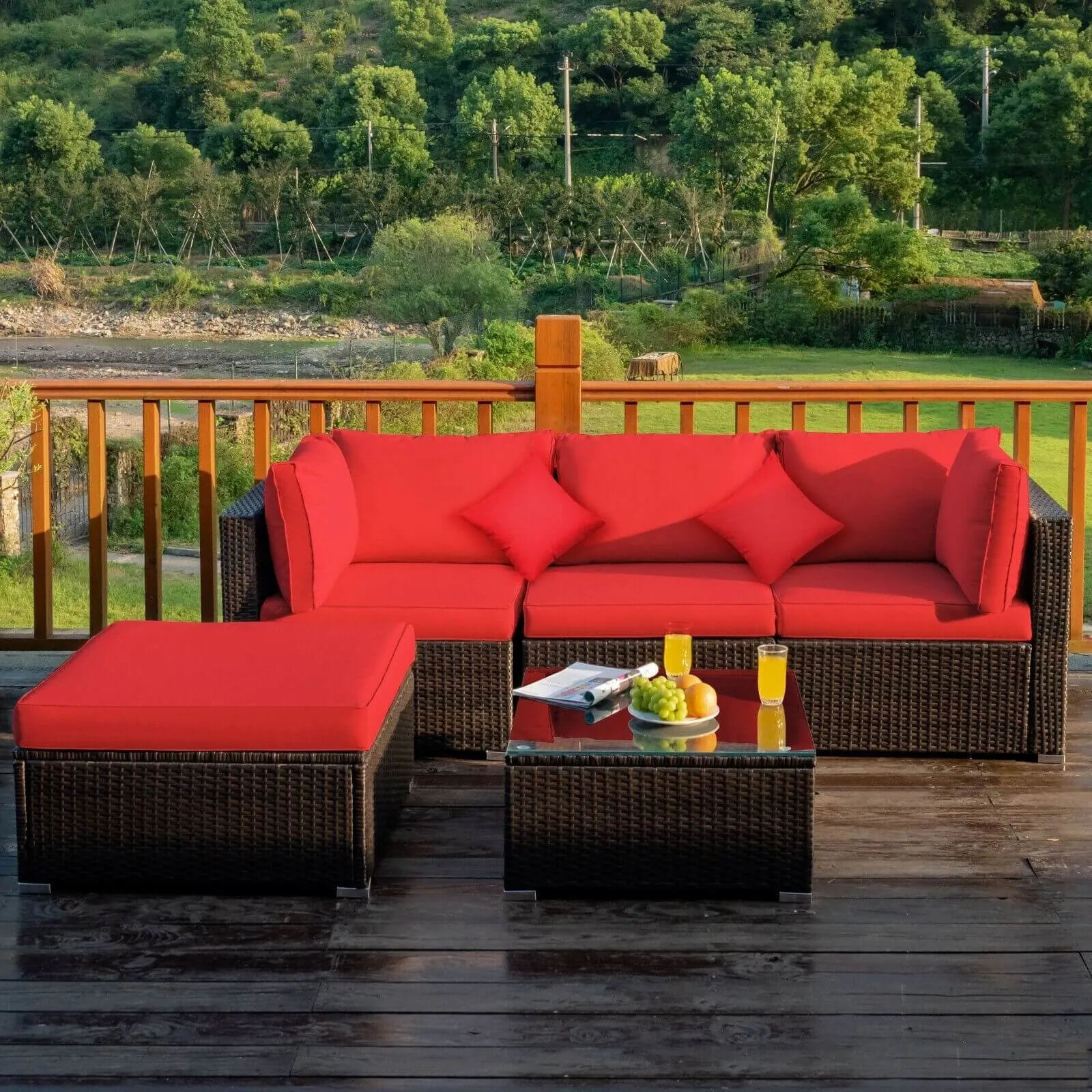 5pc Patio Rattan Conversation Set - Red