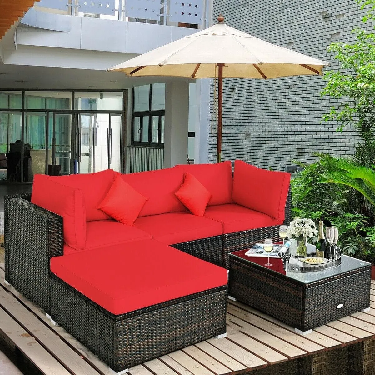 5pc Patio Rattan Conversation Set - Red