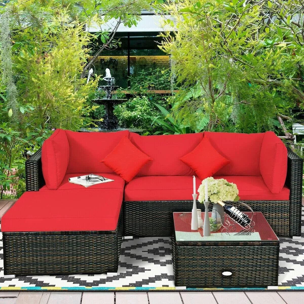 5pc Patio Rattan Conversation Set - Red