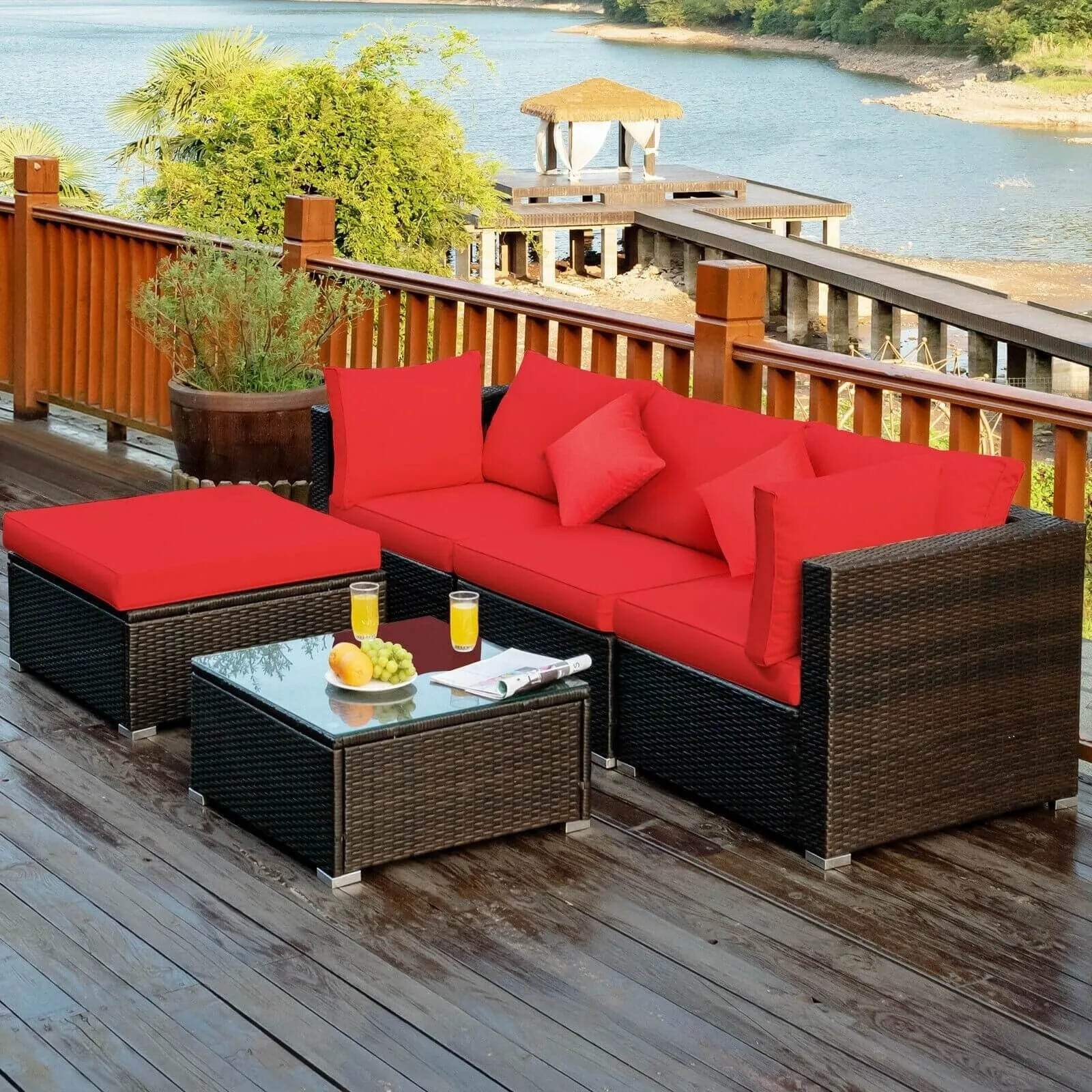 5pc Patio Rattan Conversation Set - Red