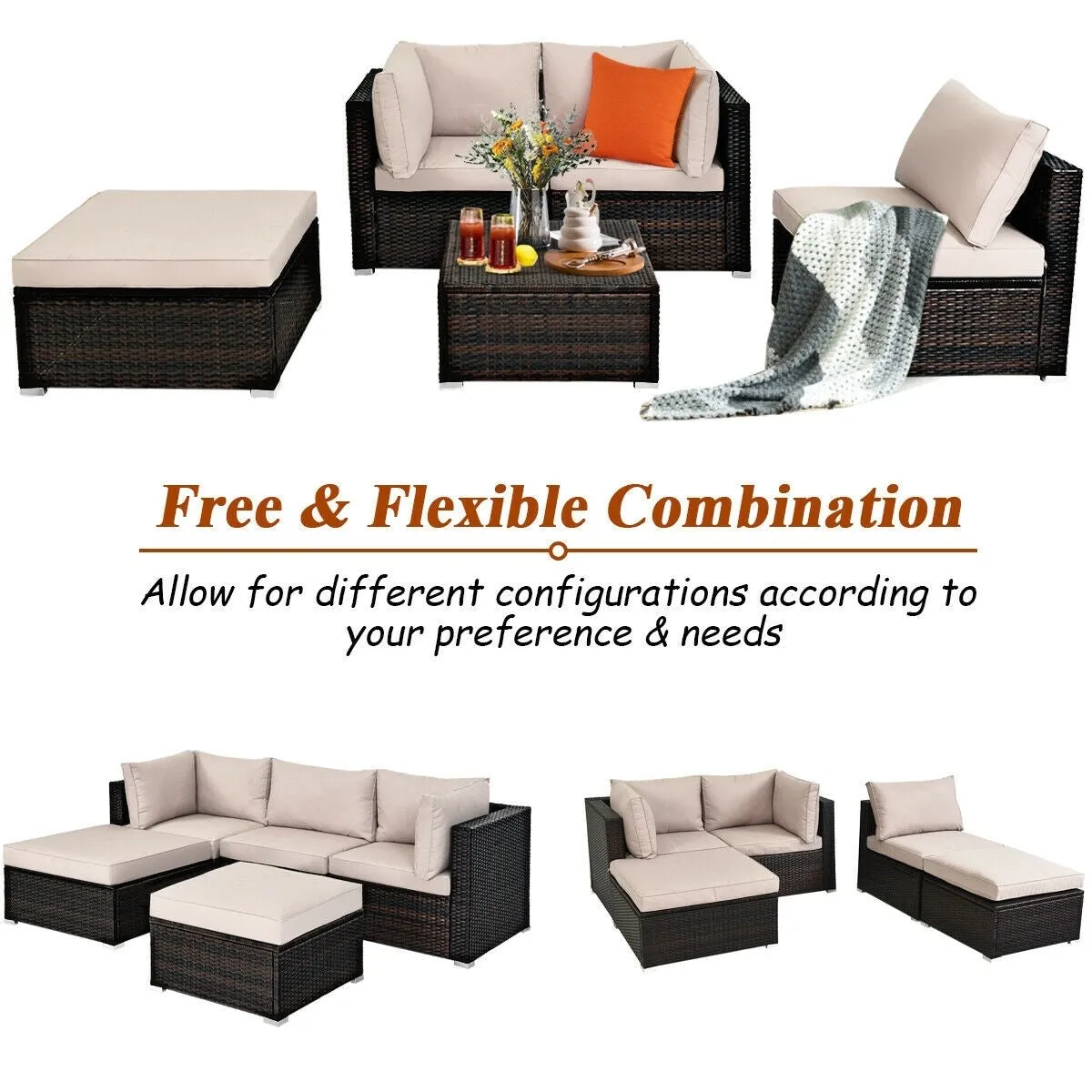 5pc Wicker Rattan Patio Sofa Set with Cushion and Ottoman - Beige