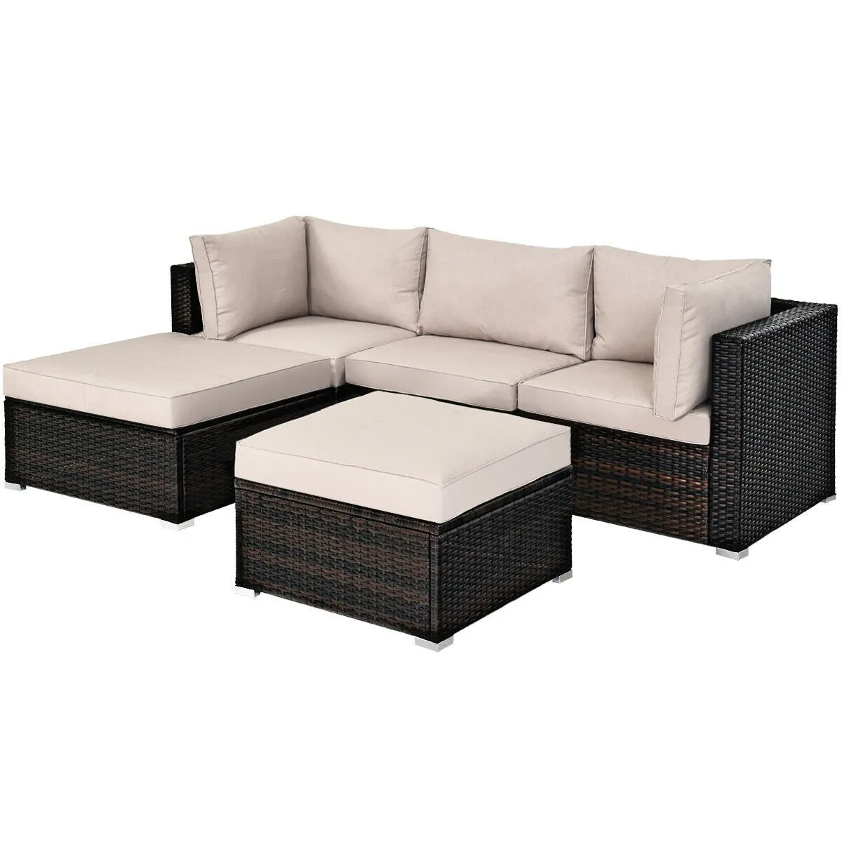 5pc Wicker Rattan Patio Sofa Set with Cushion and Ottoman - Beige