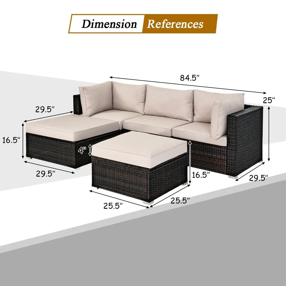 5pc Wicker Rattan Patio Sofa Set with Cushion and Ottoman - Beige