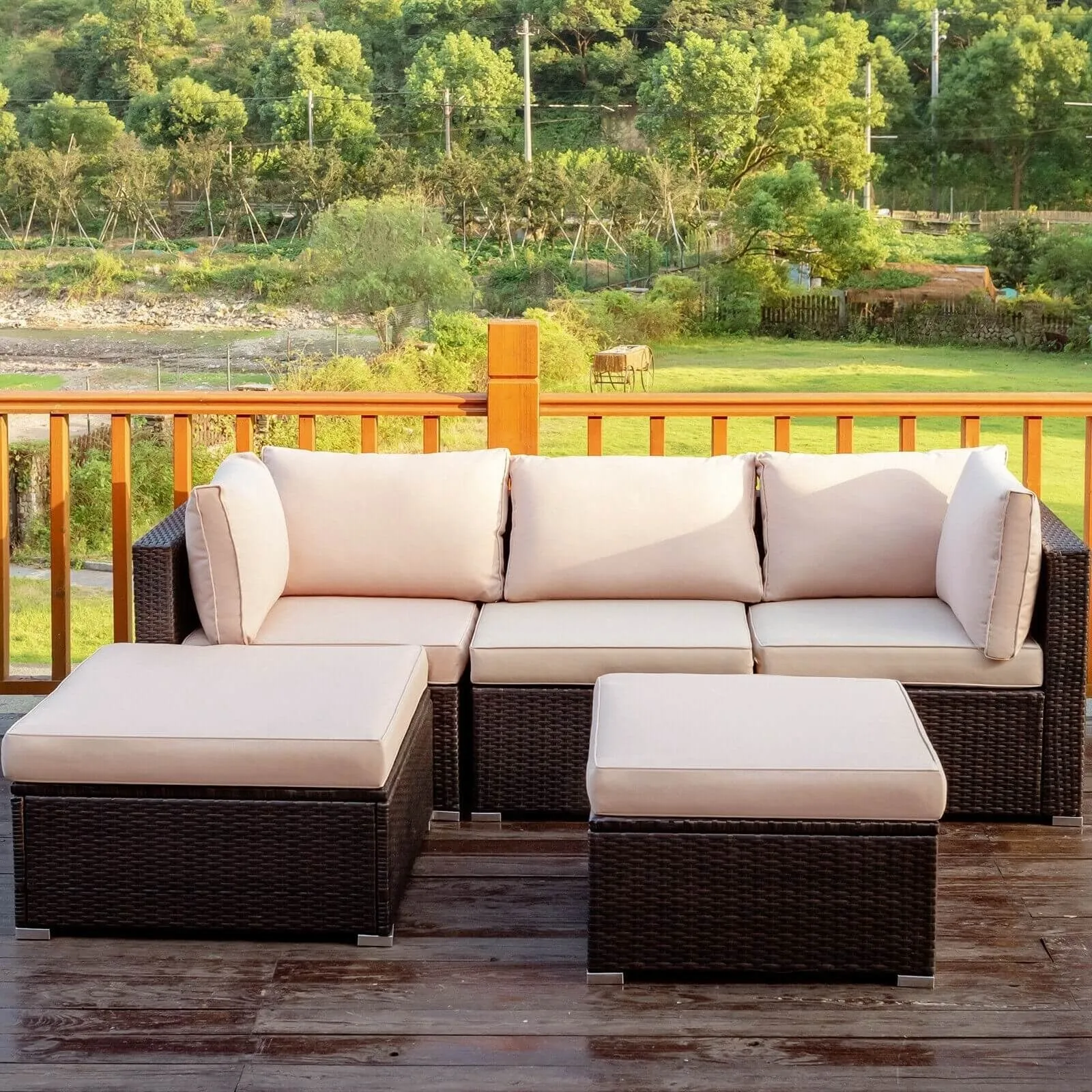 5pc Wicker Rattan Patio Sofa Set with Cushion and Ottoman - Beige