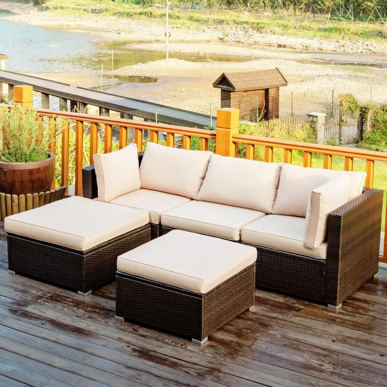 5pc Wicker Rattan Patio Sofa Set with Cushion and Ottoman - Beige