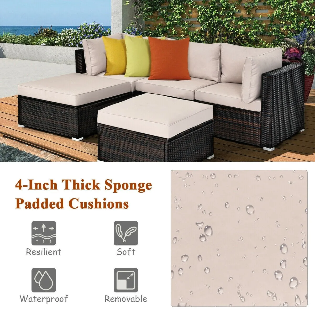 5pc Wicker Rattan Patio Sofa Set with Cushion and Ottoman - Beige
