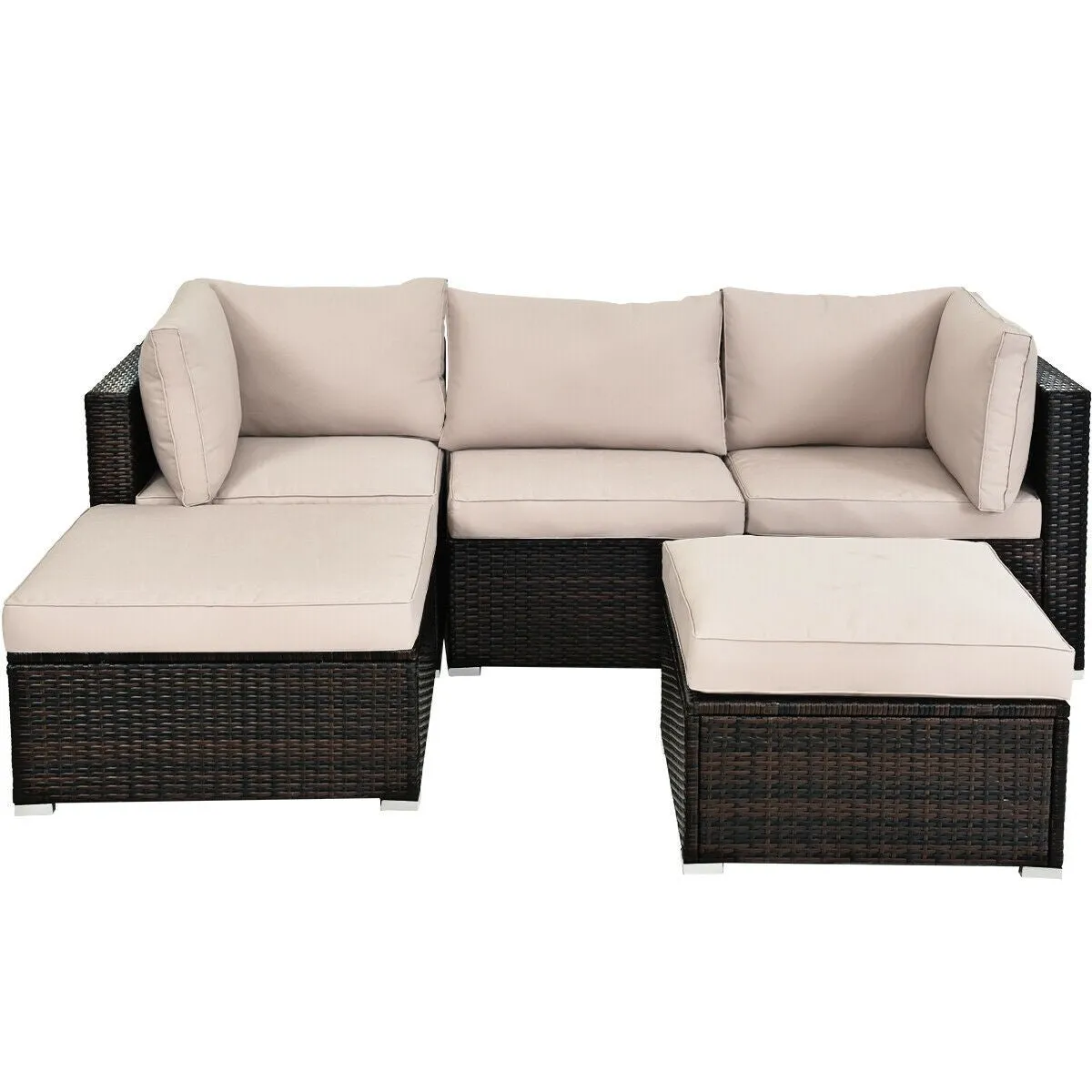 5pc Wicker Rattan Patio Sofa Set with Cushion and Ottoman - Beige
