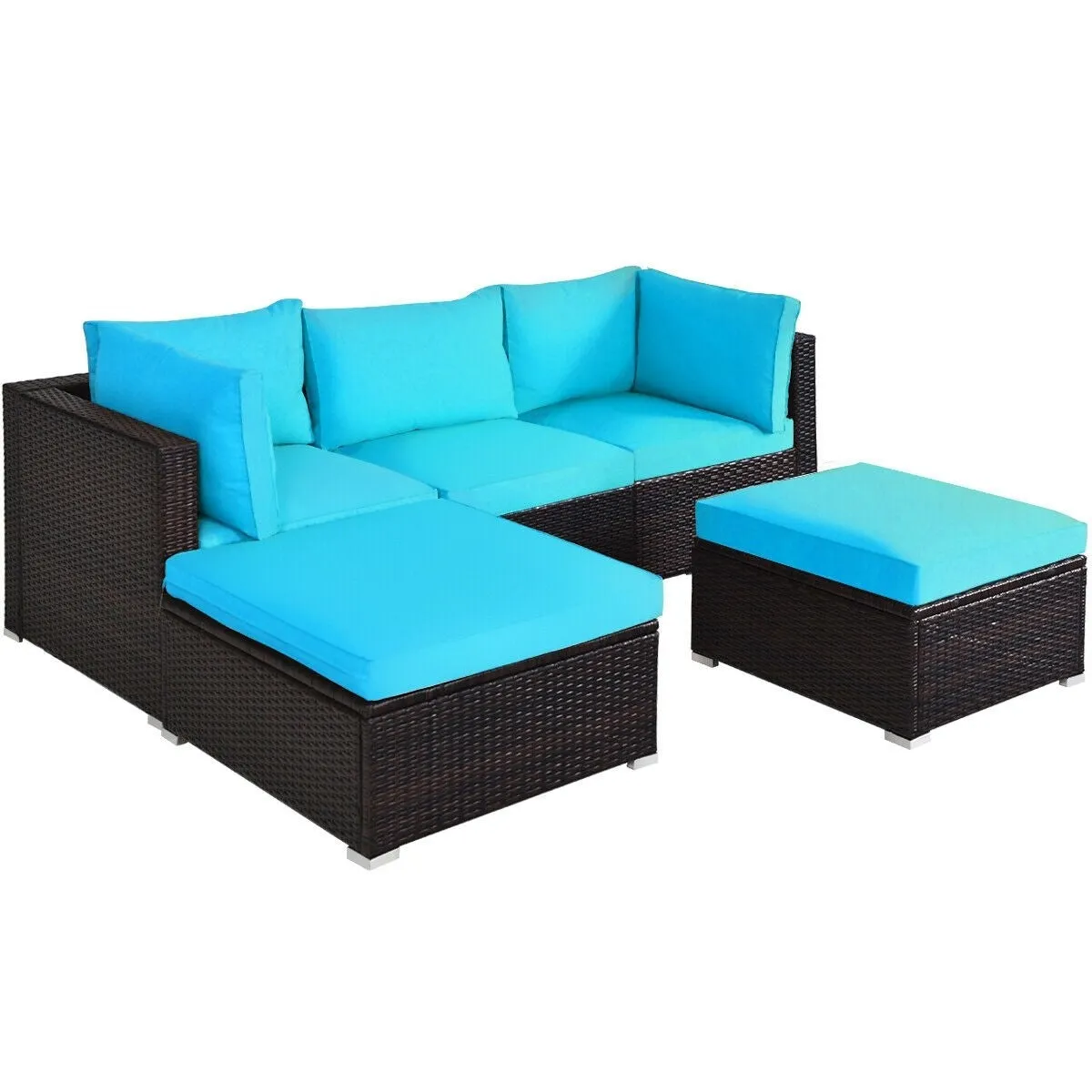 5pc Wicker Rattan Patio Sofa Set with Cushion and Ottoman - Turquoise