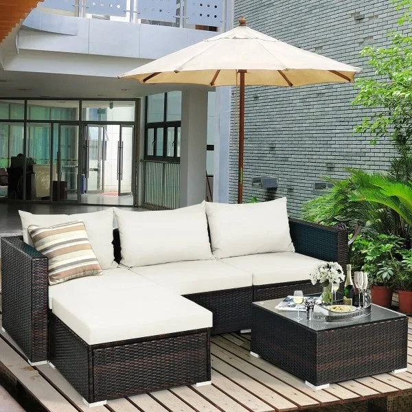 5pc Wicker Rattan Sectional Patio Set with Cushions and Coffee Table - White