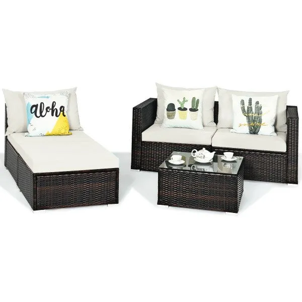5pc Wicker Rattan Sectional Patio Set with Cushions and Coffee Table - White