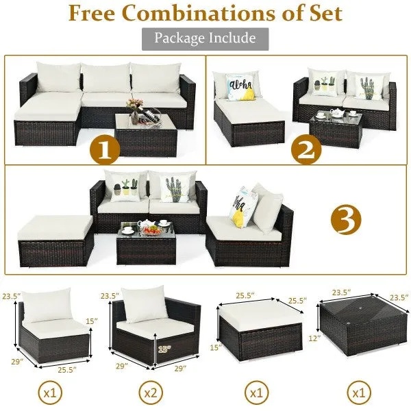 5pc Wicker Rattan Sectional Patio Set with Cushions and Coffee Table - White