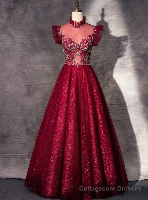 A-Line Burgundy Sequins High Neck Beading Crystal Prom Dress