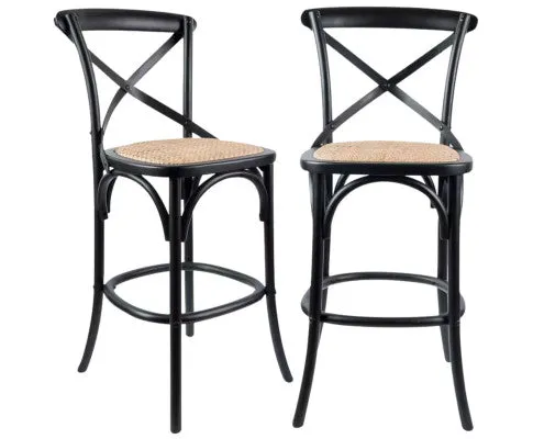 Aster 2pc Crossback Bar Stools Dining Chair Solid Birch Timber Rattan Seat Black