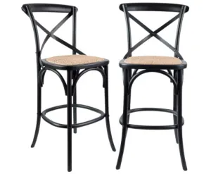 Aster 2pc Crossback Bar Stools Dining Chair Solid Birch Timber Rattan Seat Black