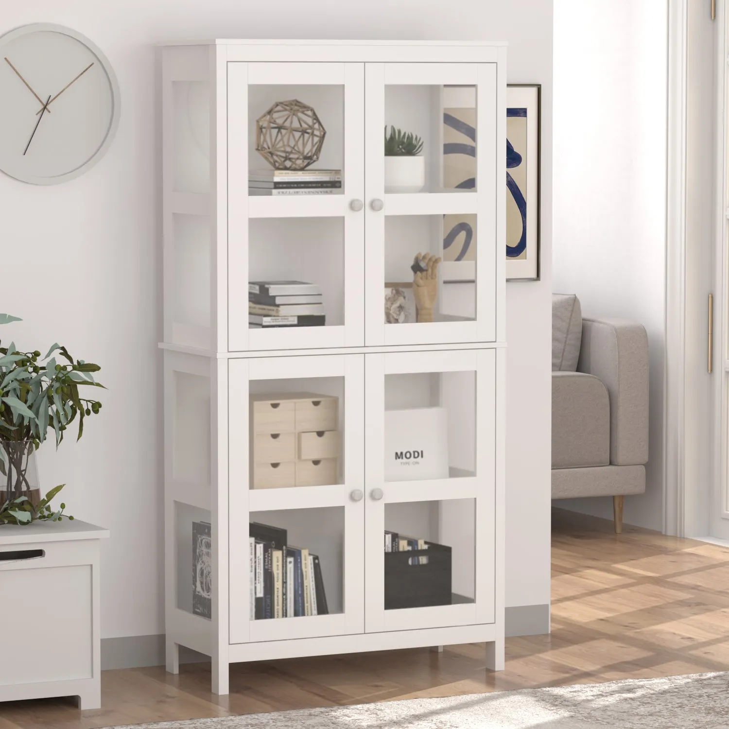 Bookshelf 4-Storey Storage Stand Storage Cabinet Bookcase Display Cabinet with Tempered Glass Doors
