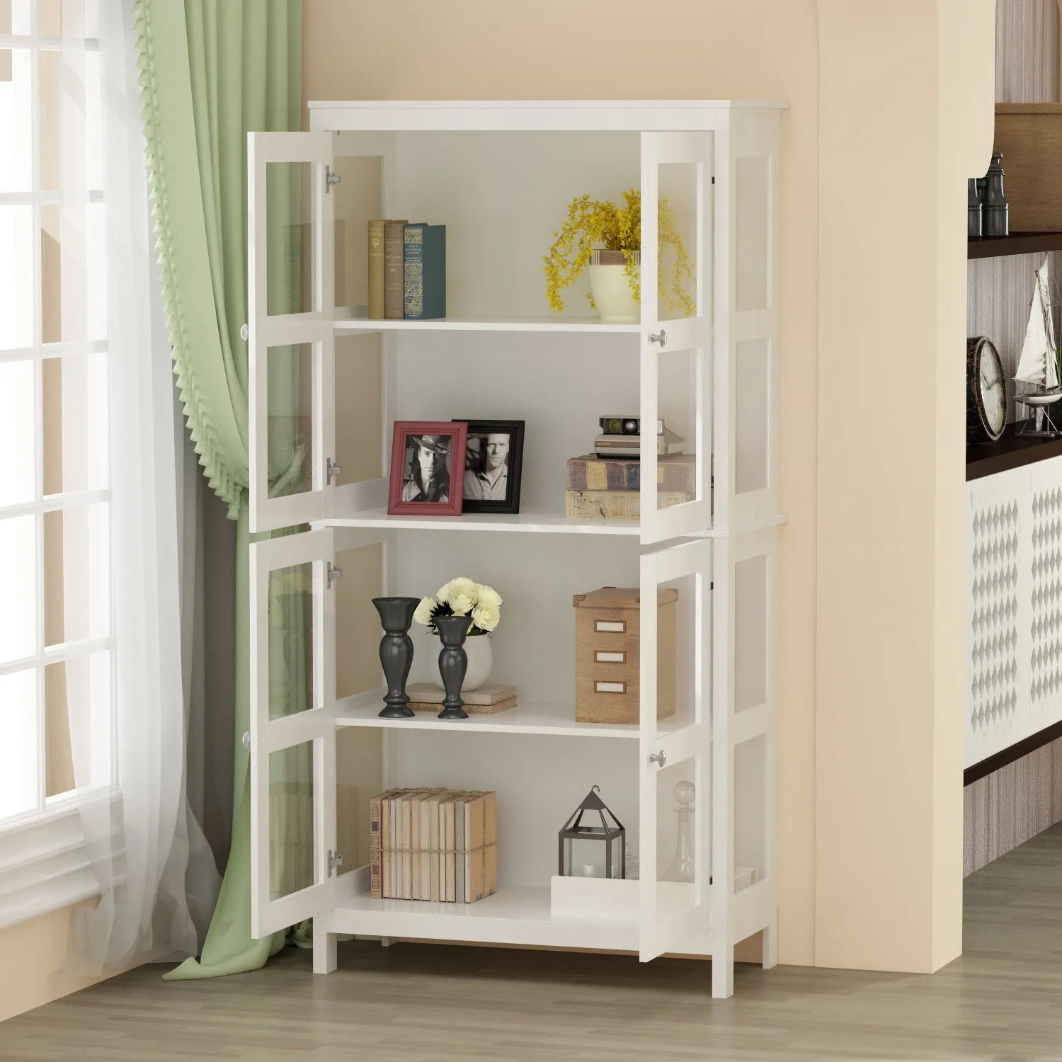 Bookshelf 4-Storey Storage Stand Storage Cabinet Bookcase Display Cabinet with Tempered Glass Doors