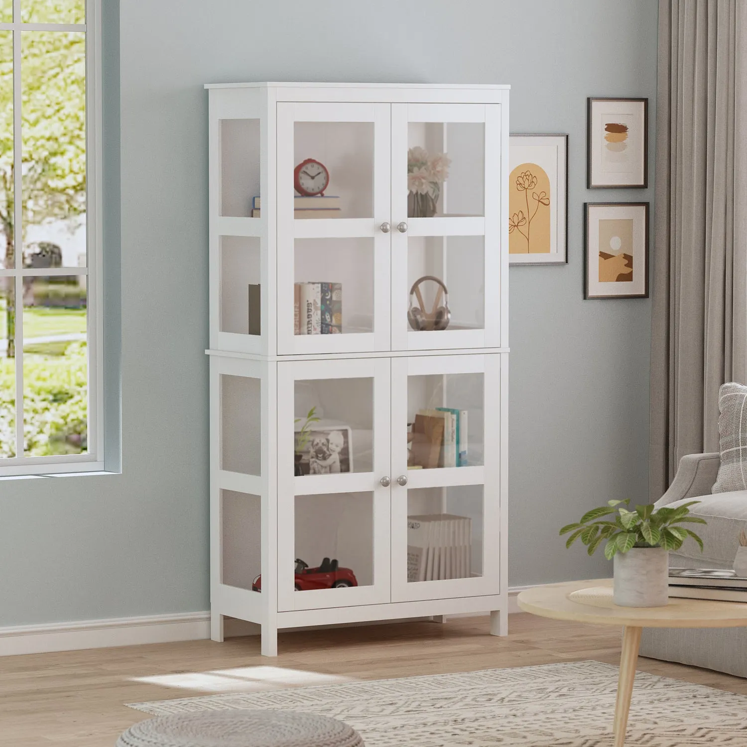 Bookshelf 4-Storey Storage Stand Storage Cabinet Bookcase Display Cabinet with Tempered Glass Doors