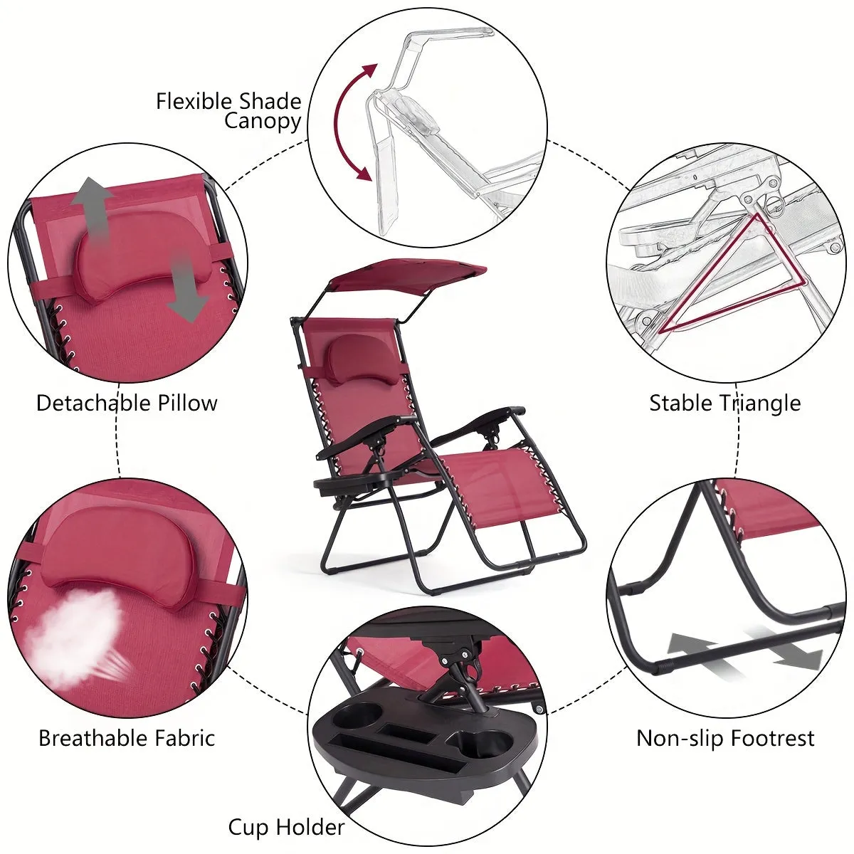 Costway Folding Recliner Zero Gravity Lounge Chair W/ Shade Canopy Cup Holder Wine