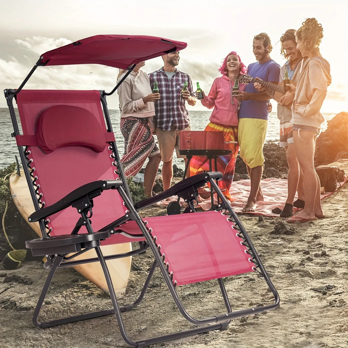Costway Folding Recliner Zero Gravity Lounge Chair W/ Shade Canopy Cup Holder Wine