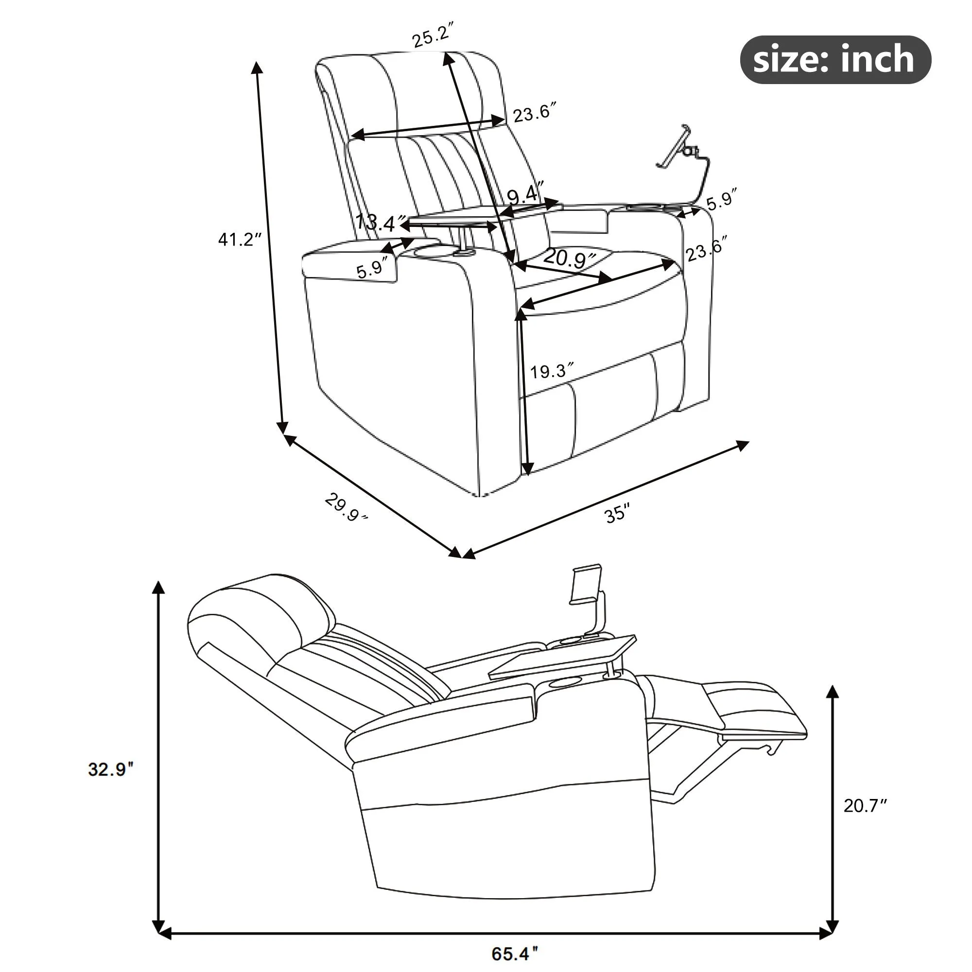 Couch.com Premium Power Recliner & Storage Arms, Cupholders, Swivel Tray Table And Cell Phone Stand Black, with Storage, Faux Leather Construction, Black Finish by Couch.com