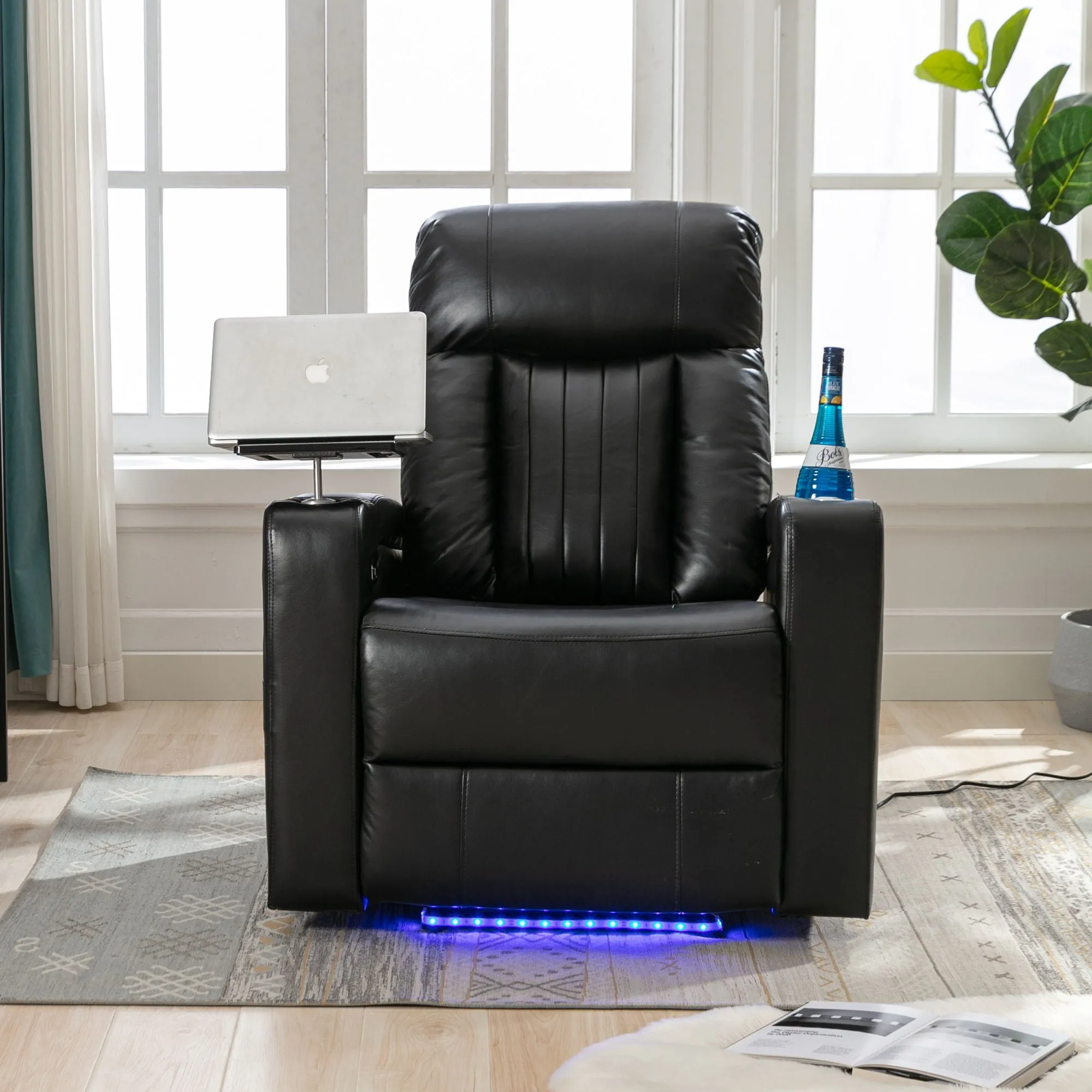 Couch.com Premium Power Recliner & Storage Arms, Cupholders, Swivel Tray Table And Cell Phone Stand Black, with Storage, Faux Leather Construction, Black Finish by Couch.com