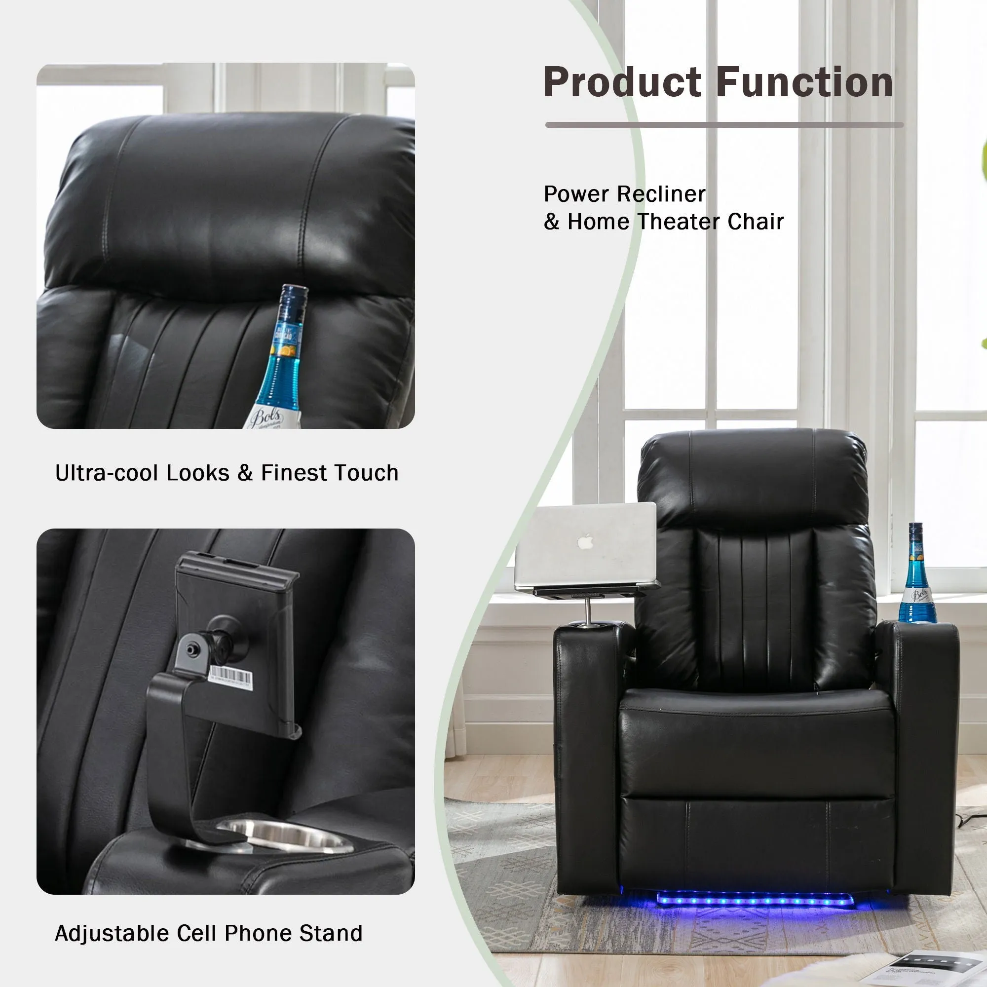 Couch.com Premium Power Recliner & Storage Arms, Cupholders, Swivel Tray Table And Cell Phone Stand Black, with Storage, Faux Leather Construction, Black Finish by Couch.com