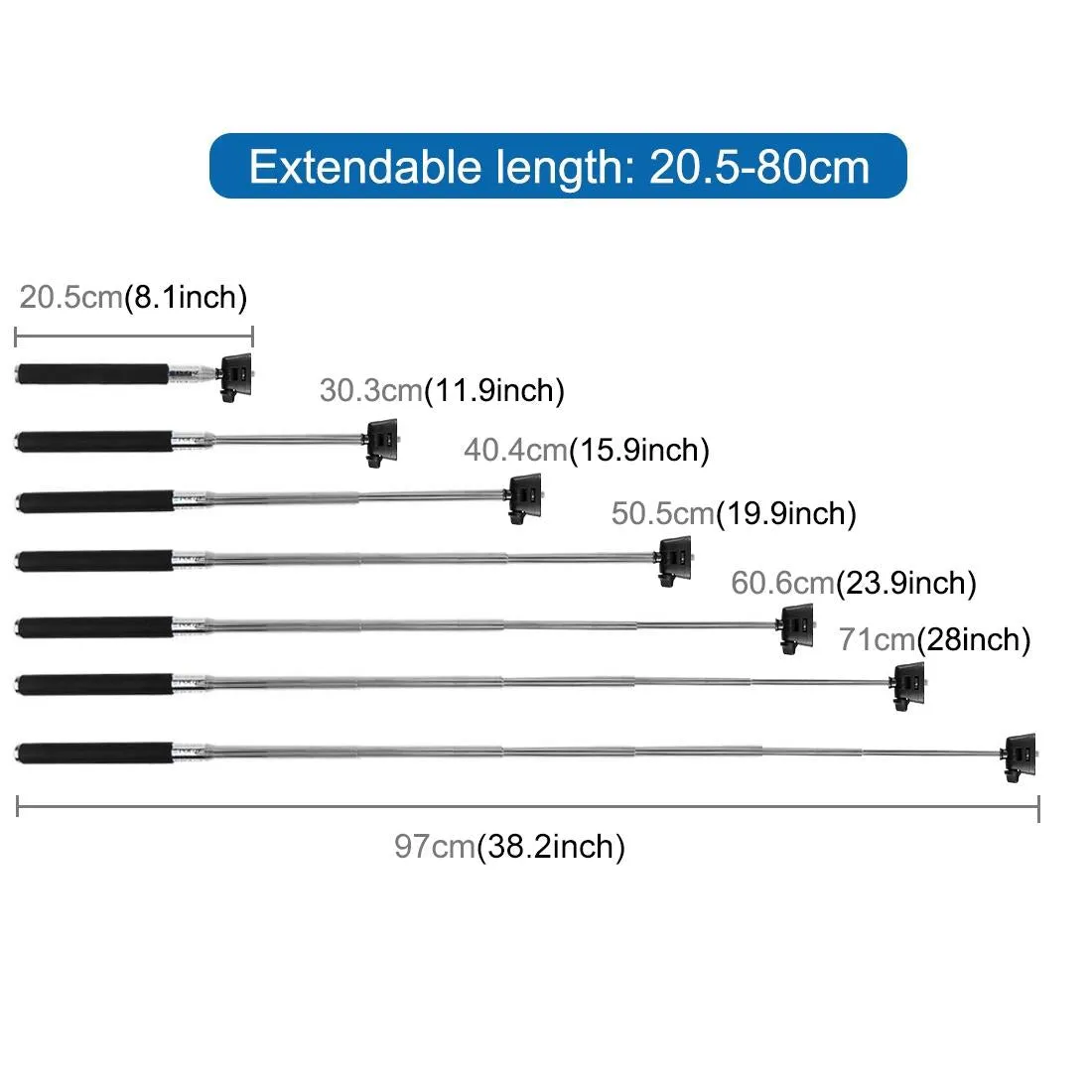 Extendable Selfie Monopod for Action Cameras - 22.5-80cm Length