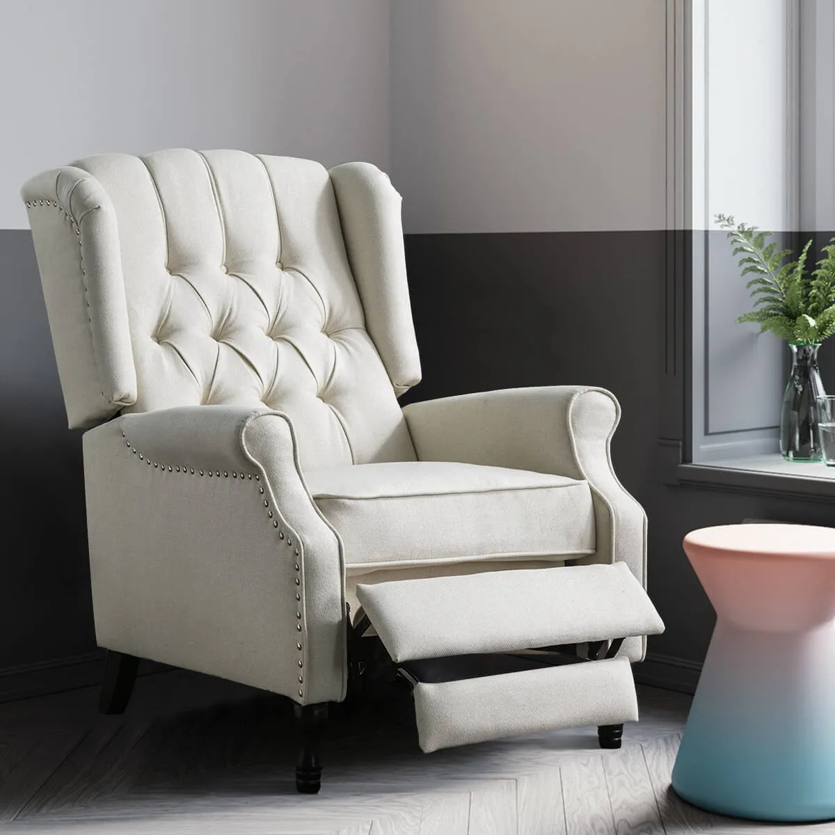 Fabric Pushback Manual Recliner Chair for Living Room Beige
