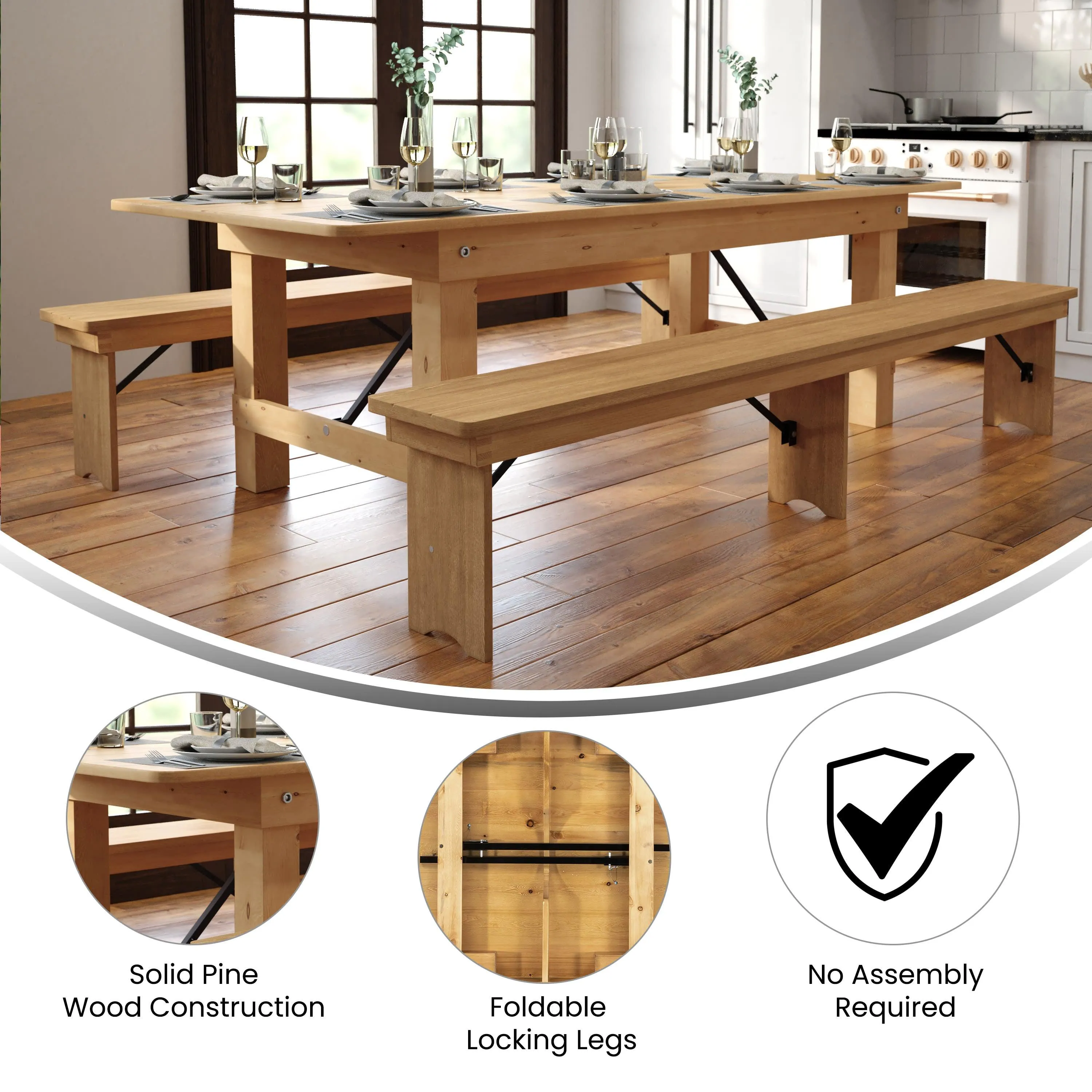 HERCULES Series 8' x 40" Solid Pine Folding Farm Table