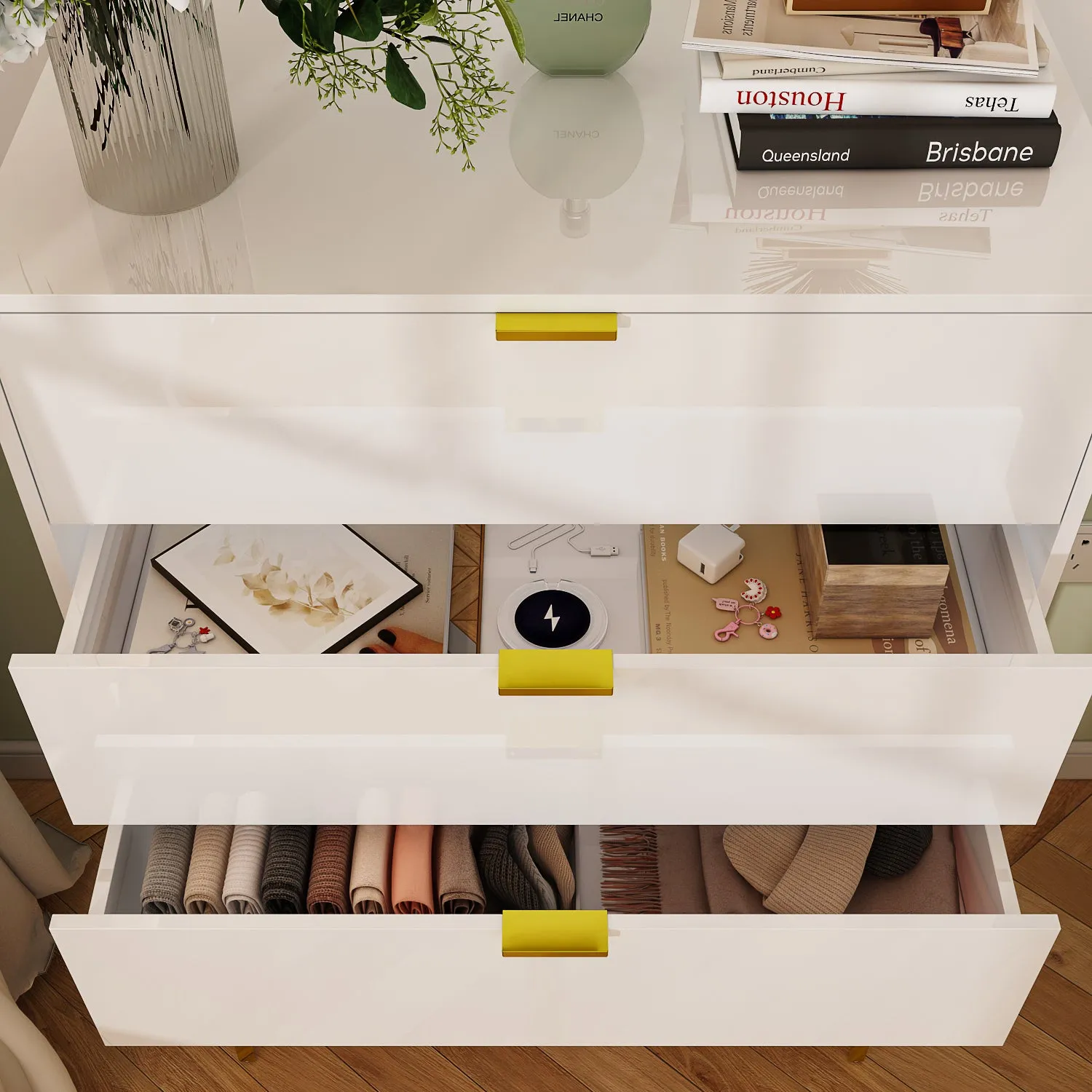 High Gloss 5-Drawer Dresser Freestanding Cabinet with Ample Storage