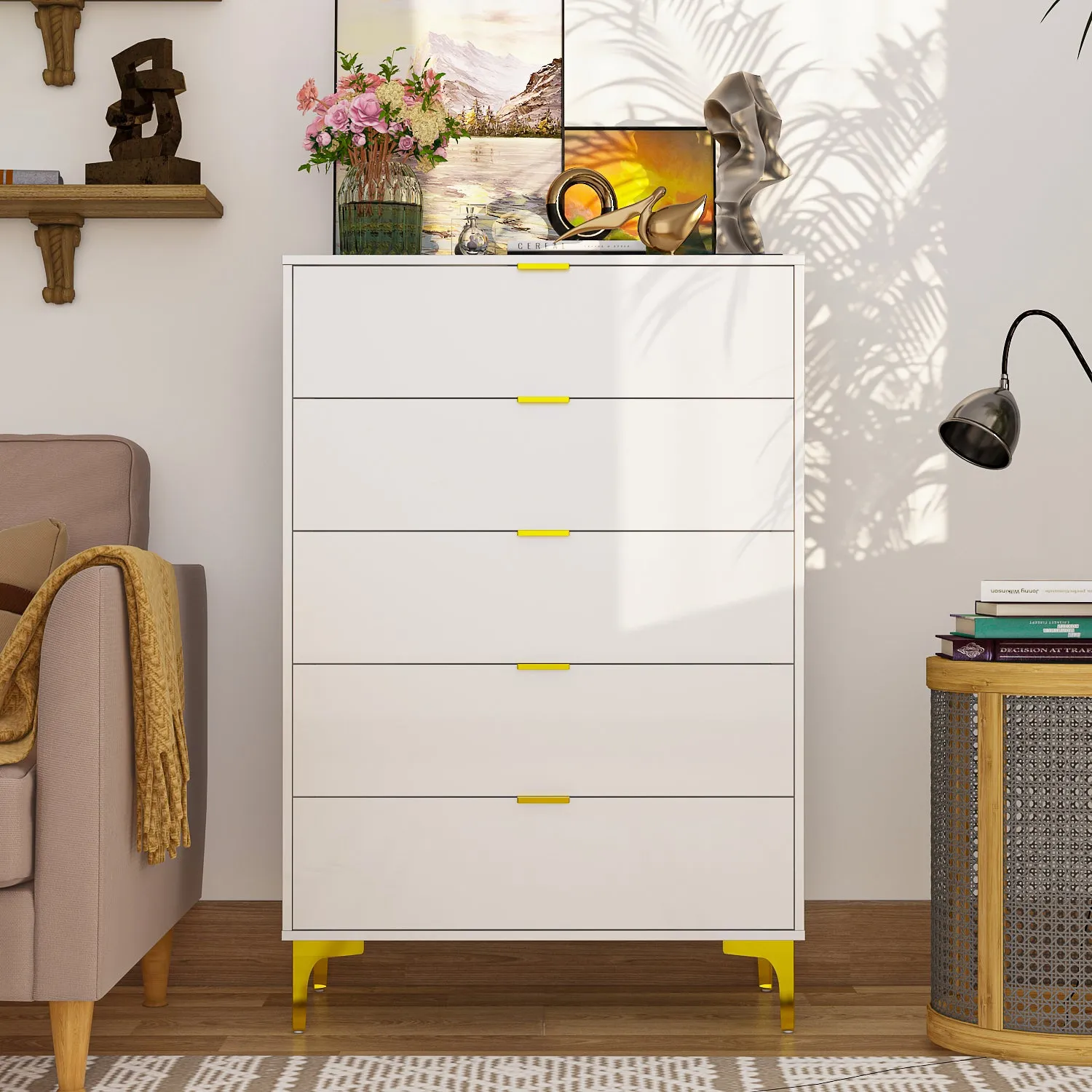 High Gloss 5-Drawer Dresser Freestanding Cabinet with Ample Storage