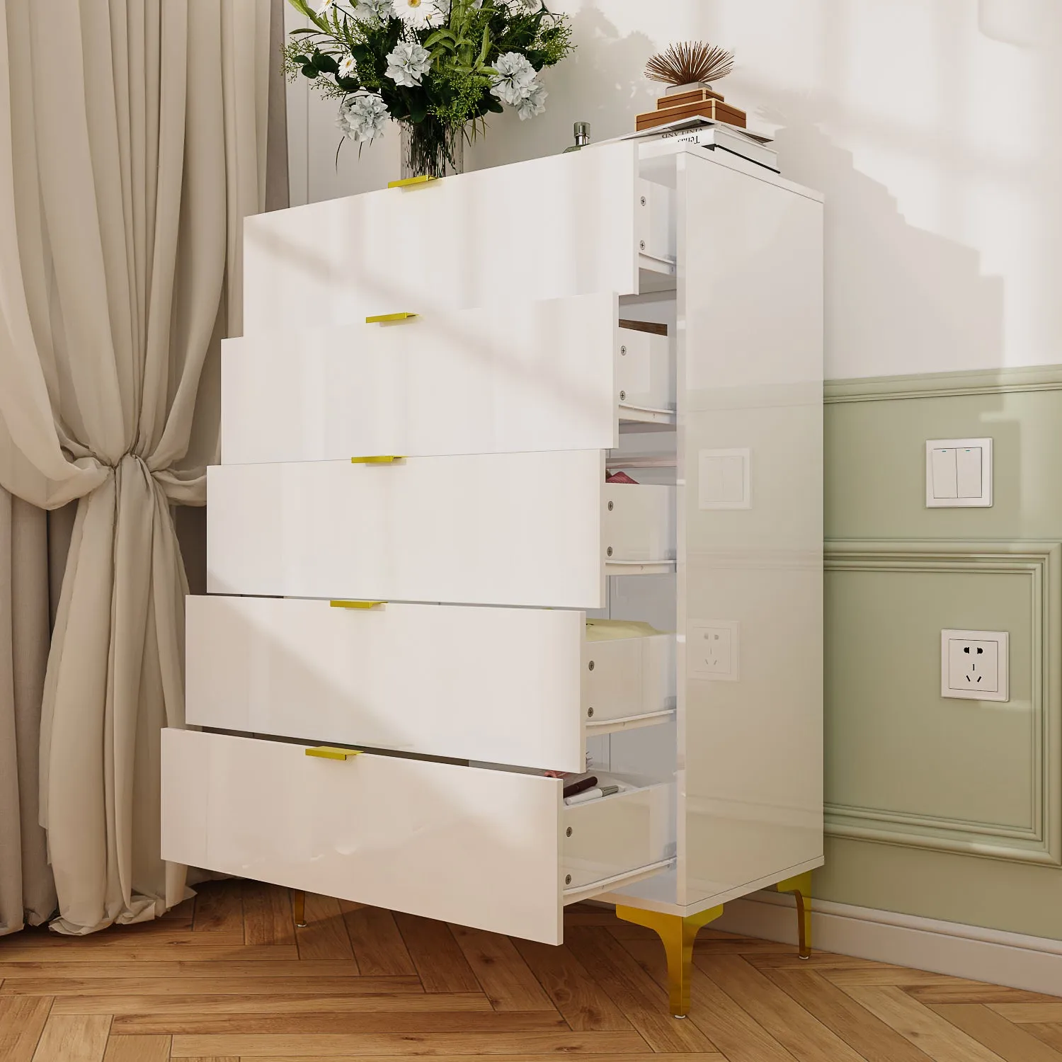 High Gloss 5-Drawer Dresser Freestanding Cabinet with Ample Storage