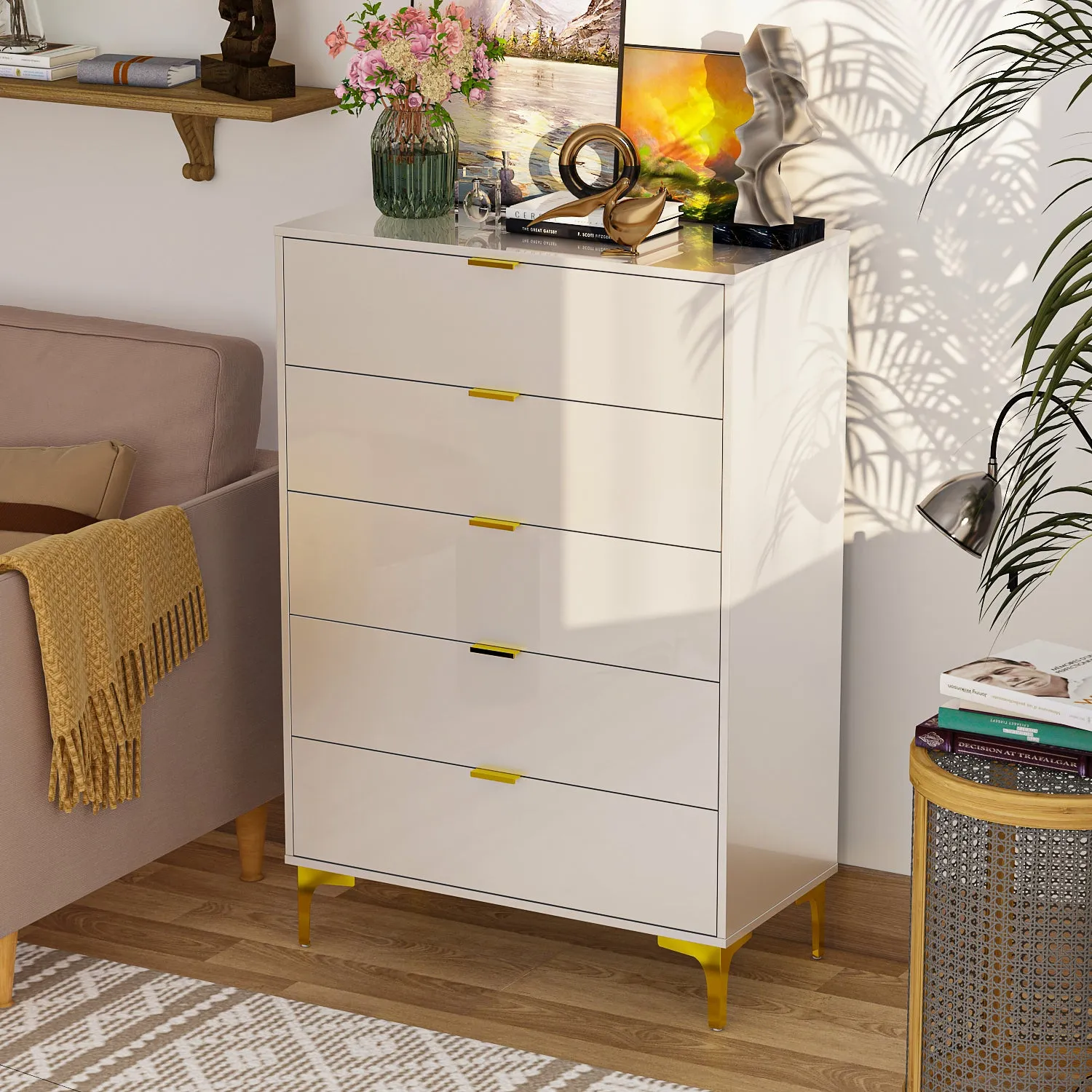 High Gloss 5-Drawer Dresser Freestanding Cabinet with Ample Storage