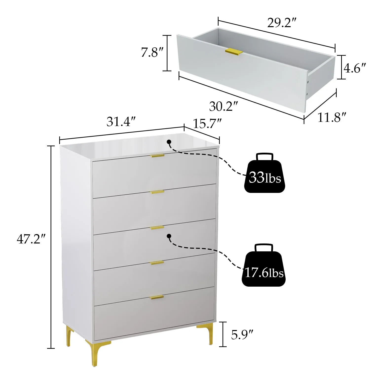 High Gloss 5-Drawer Dresser Freestanding Cabinet with Ample Storage