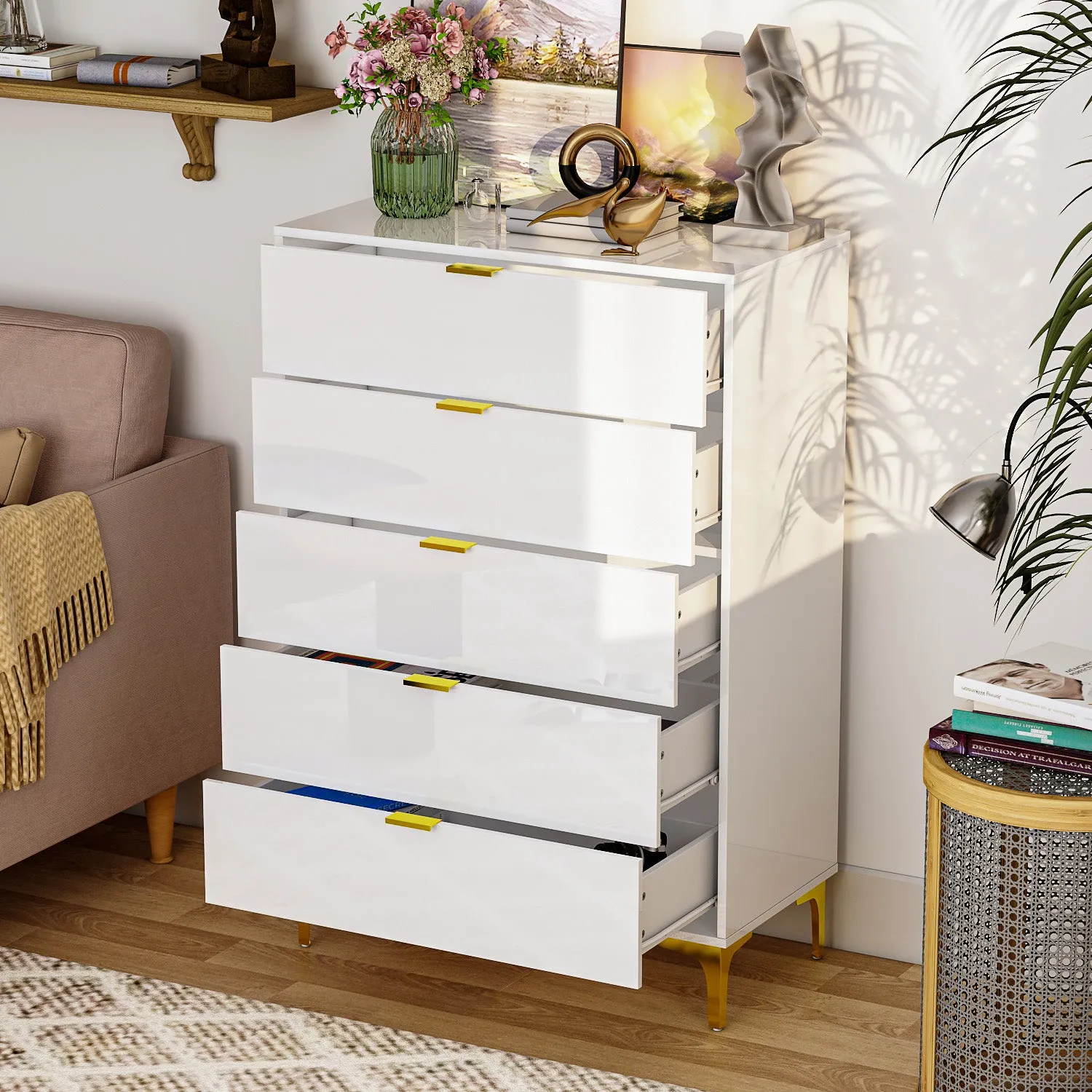 High Gloss 5-Drawer Dresser Freestanding Cabinet with Ample Storage