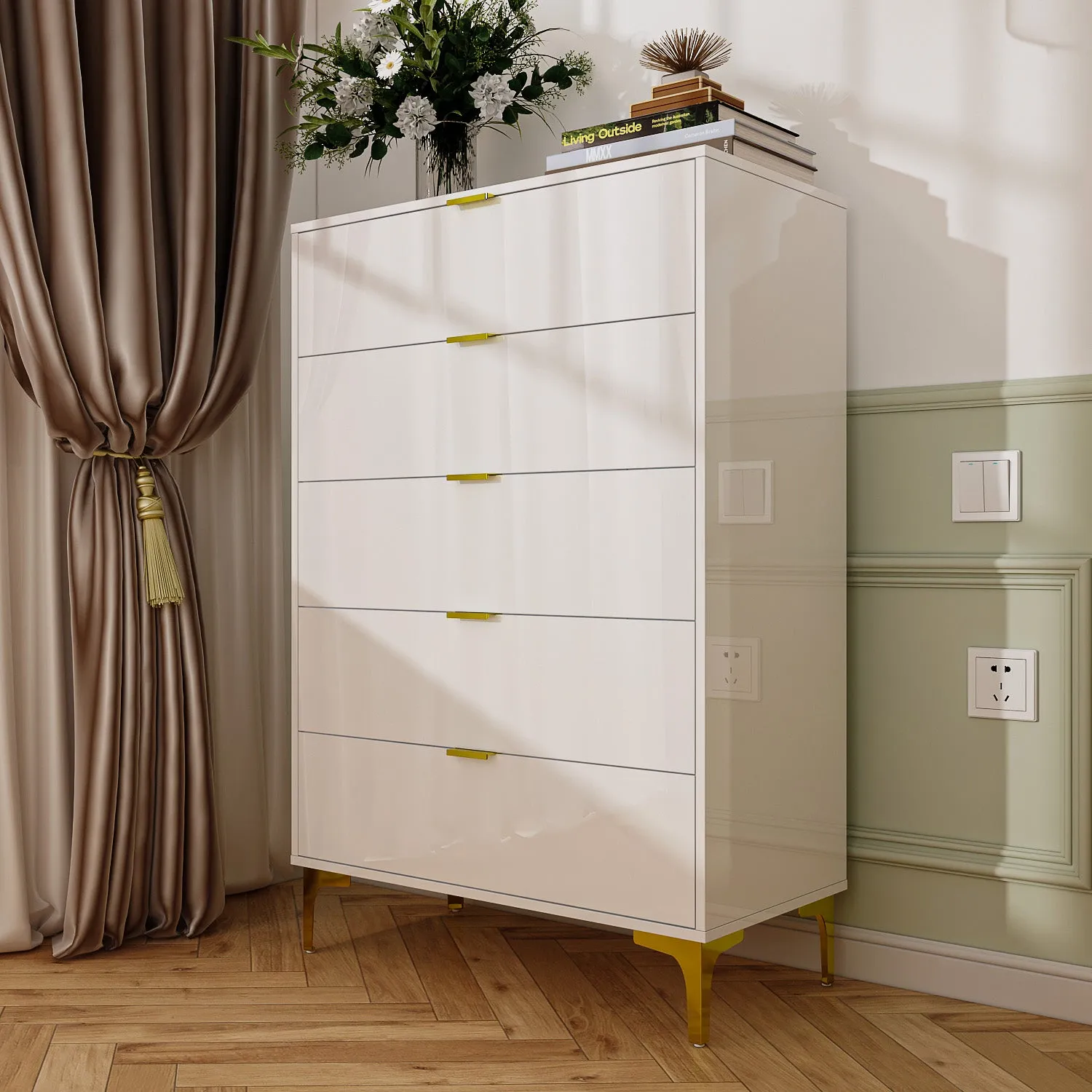 High Gloss 5-Drawer Dresser Freestanding Cabinet with Ample Storage
