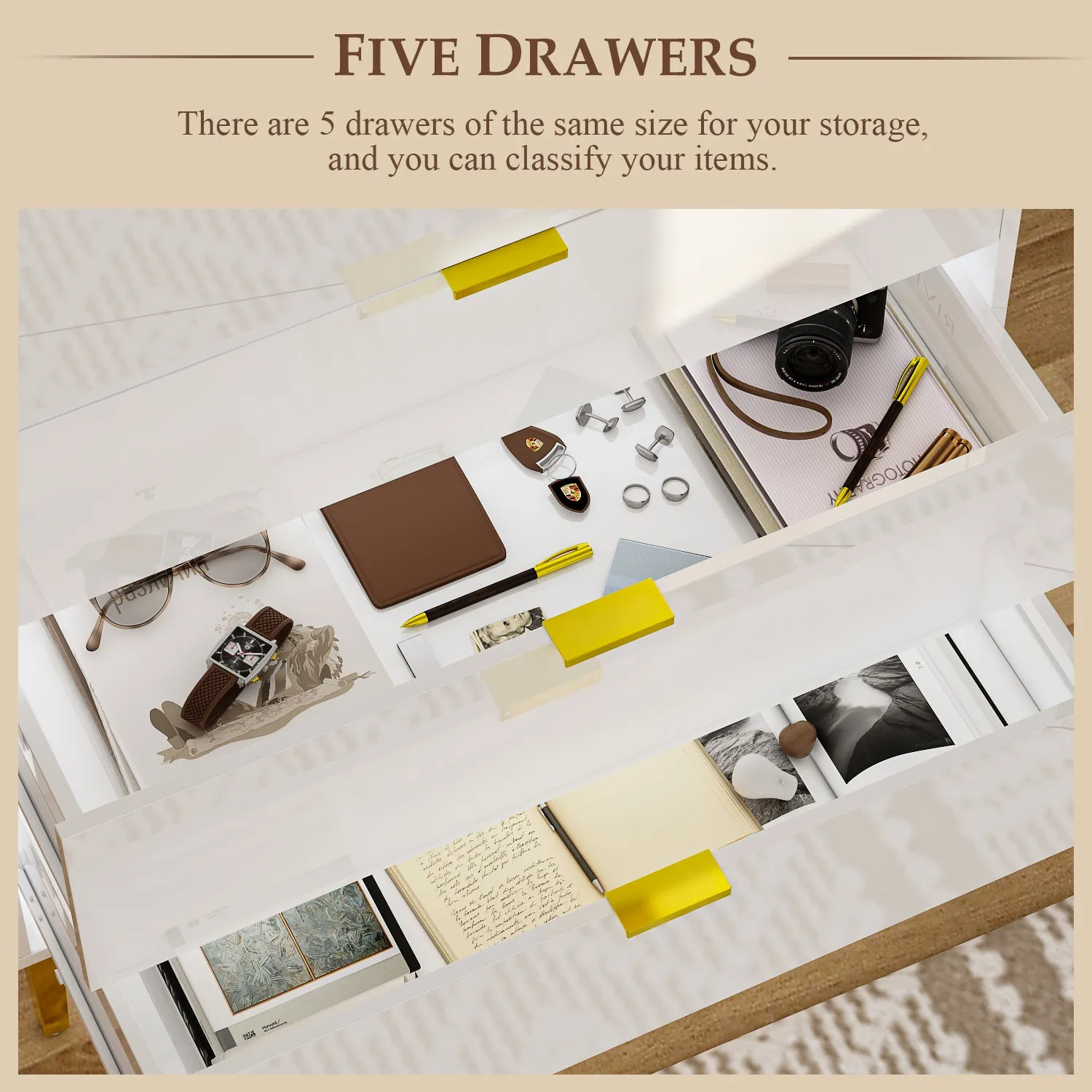 High Gloss 5-Drawer Dresser Freestanding Cabinet with Ample Storage