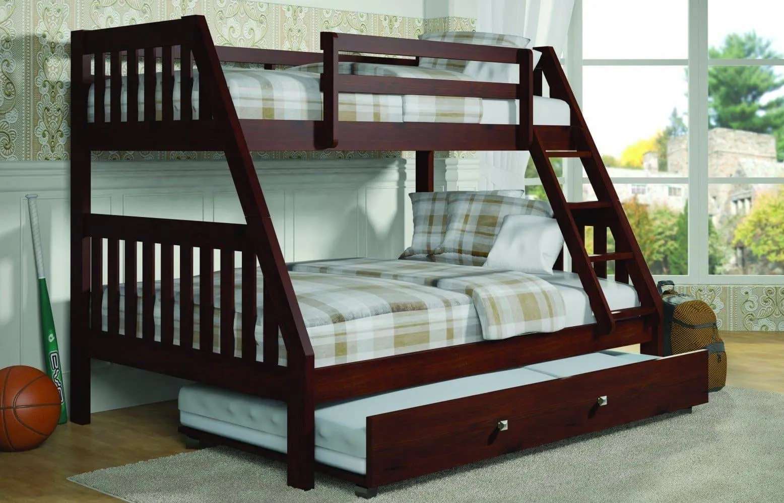 Ian Modern Dark Wood Twin over Full Bunk Bed with Trundle