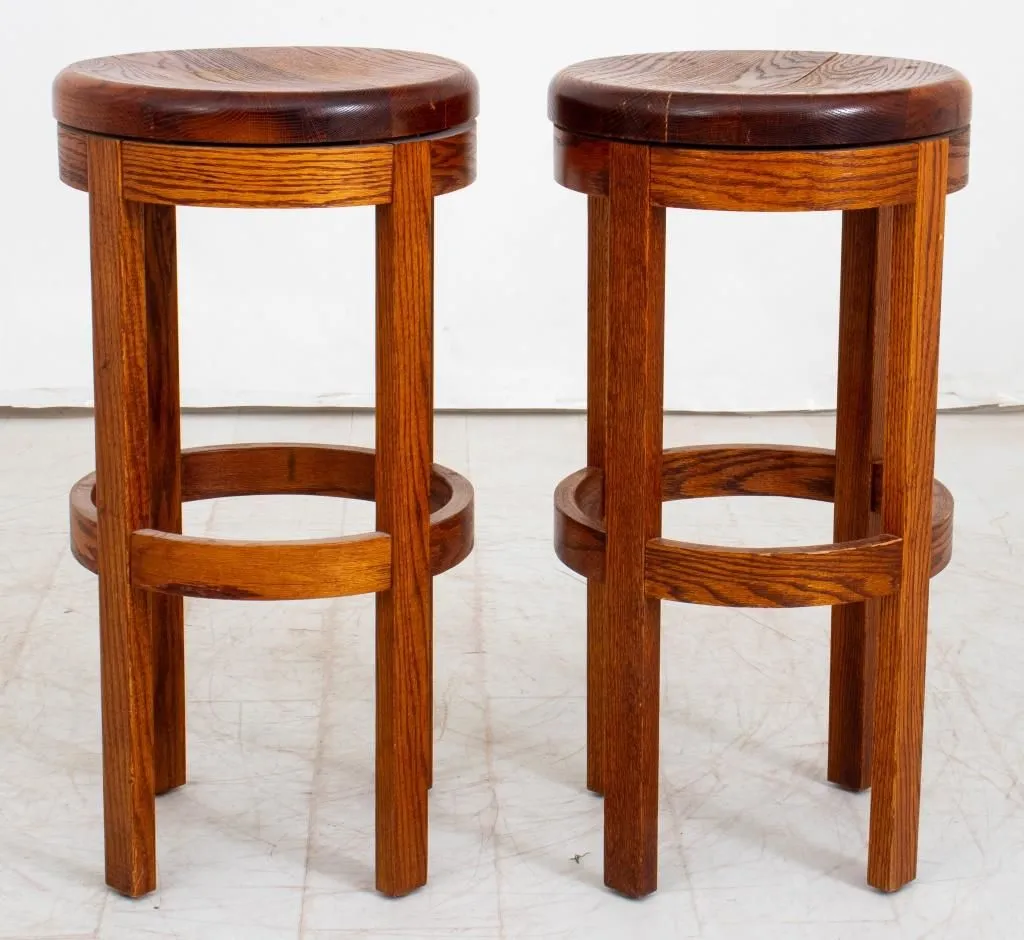Mid-Century Modern Swivel Oak Bar Stools, Pair