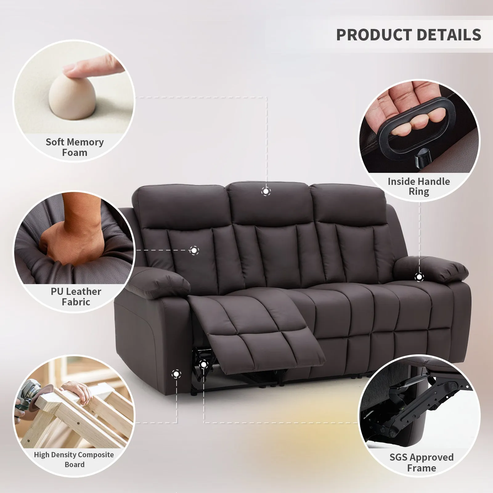 PU Leather Fabric Reclining 3-Seater Chair, Dark Brown