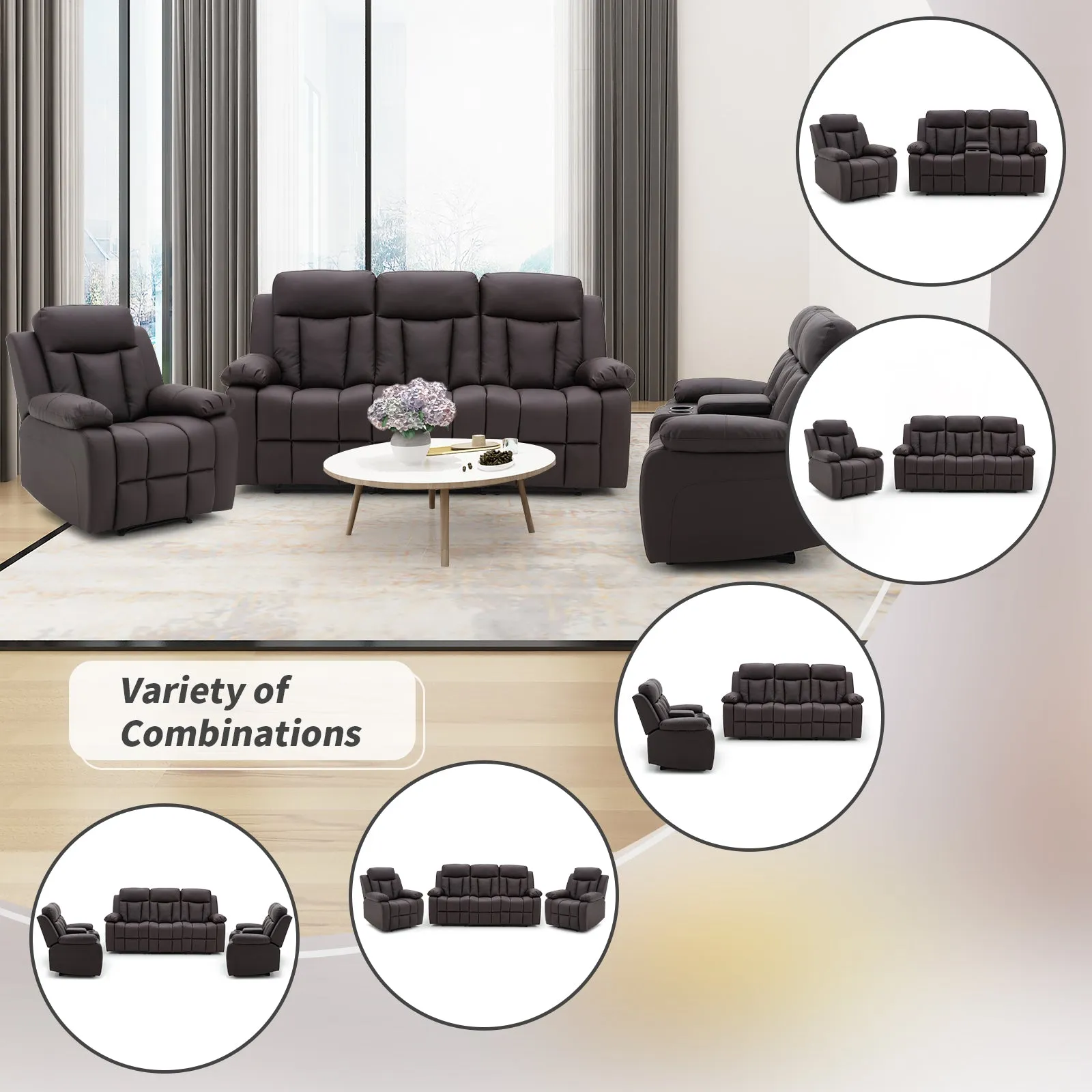 PU Leather Fabric Reclining 3-Seater Chair, Dark Brown