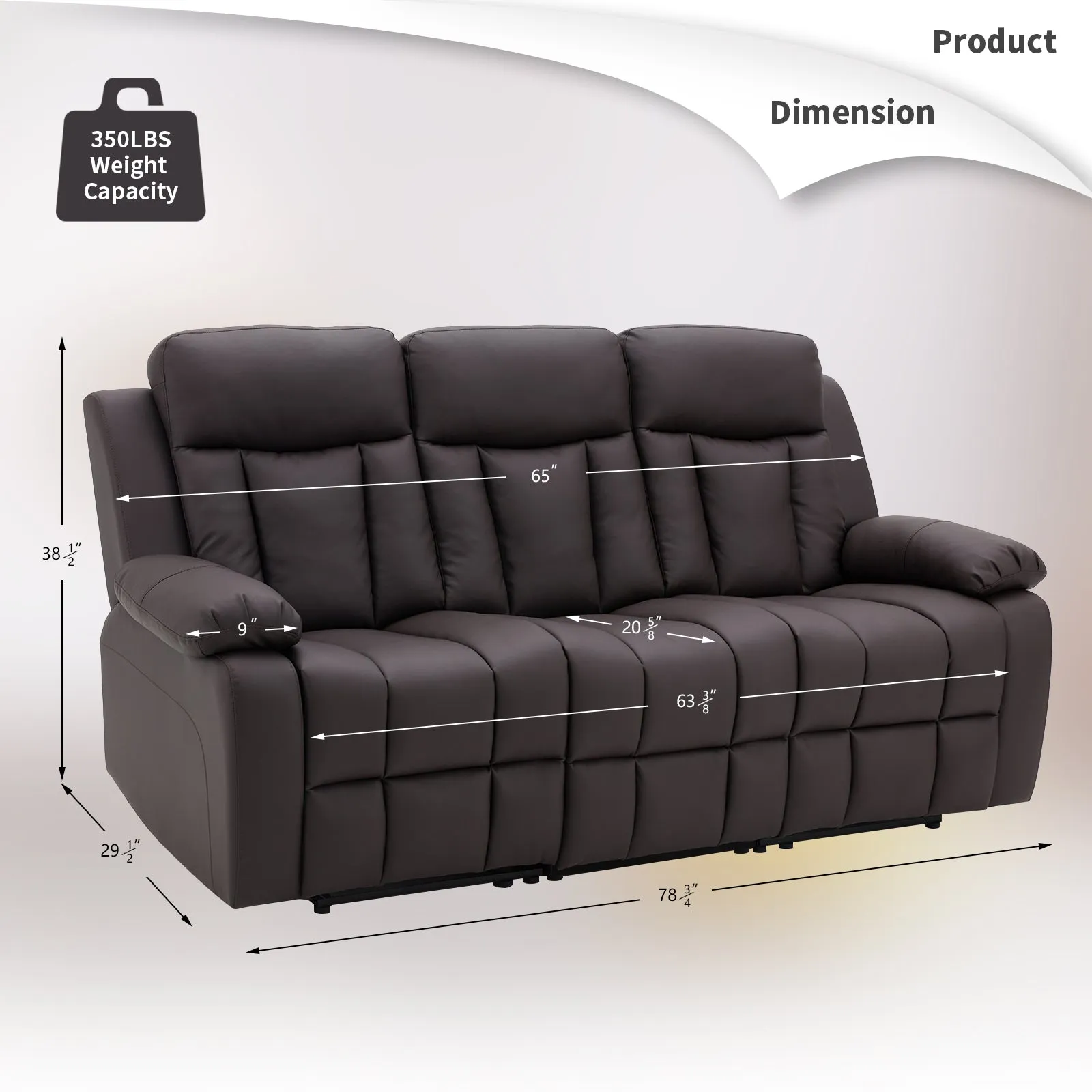 PU Leather Fabric Reclining 3-Seater Chair, Dark Brown
