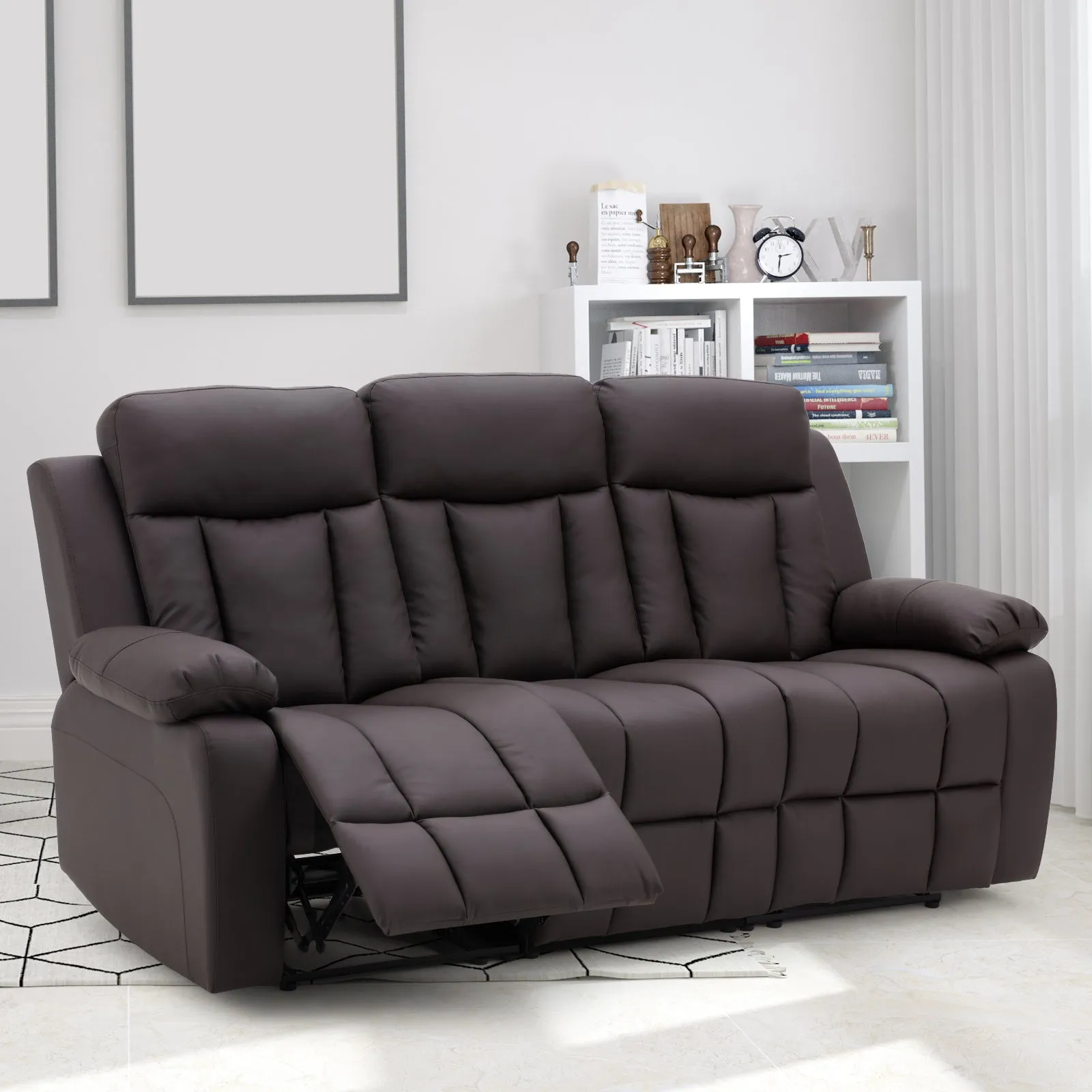 PU Leather Fabric Reclining 3-Seater Chair, Dark Brown
