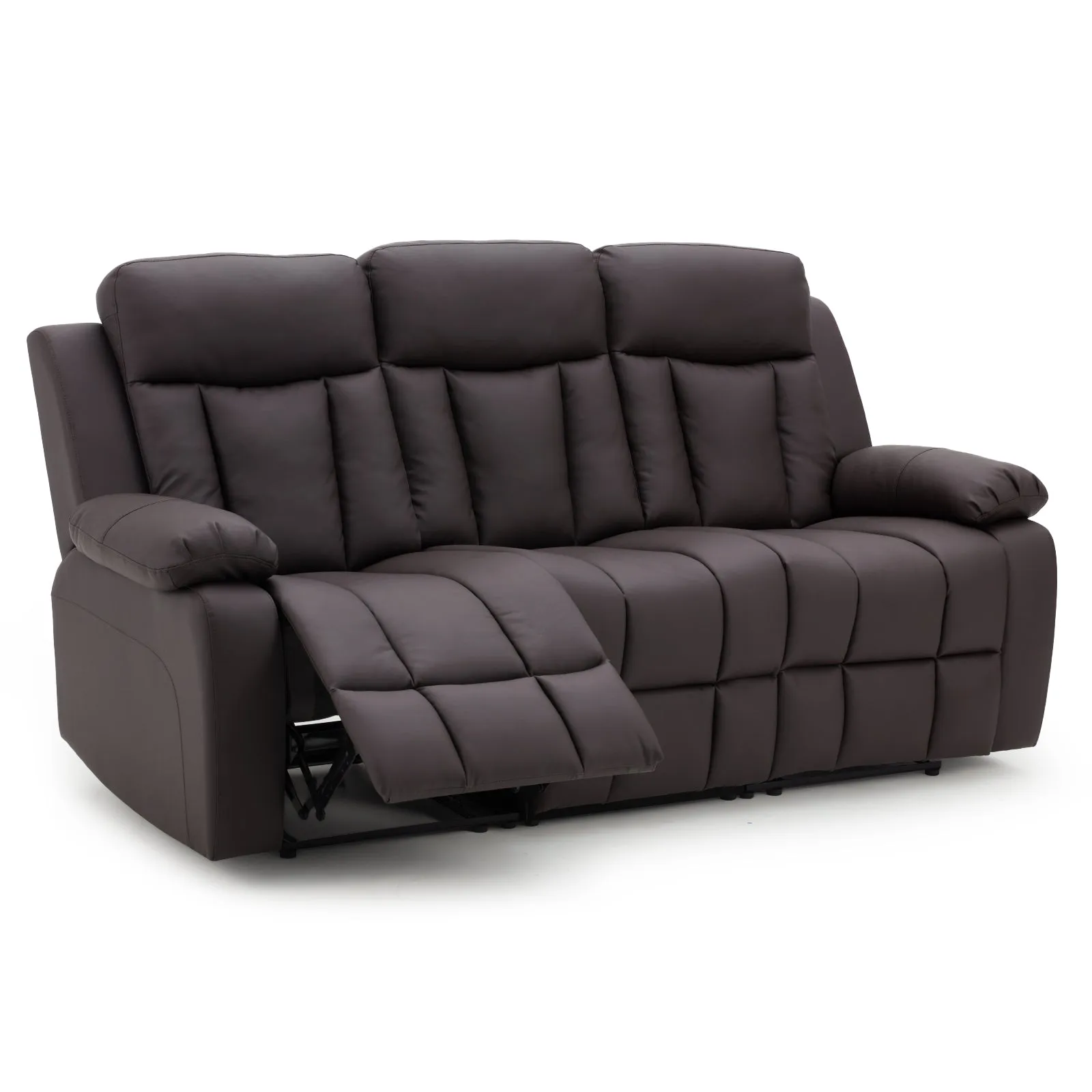 PU Leather Fabric Reclining 3-Seater Chair, Dark Brown